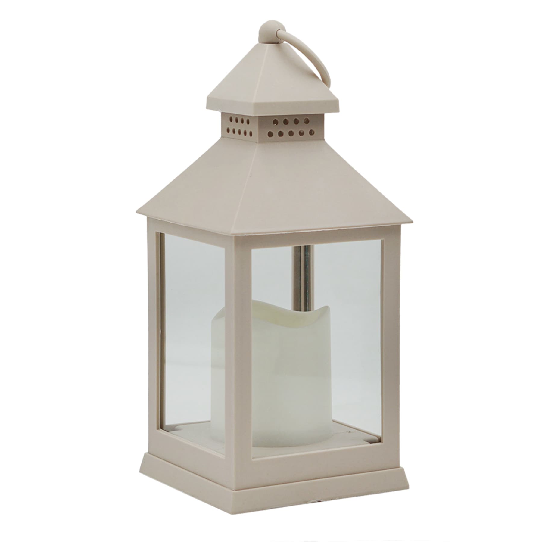 Neutral Tan Weatherproof Outdoor Lantern with LED Candle, 9.5"