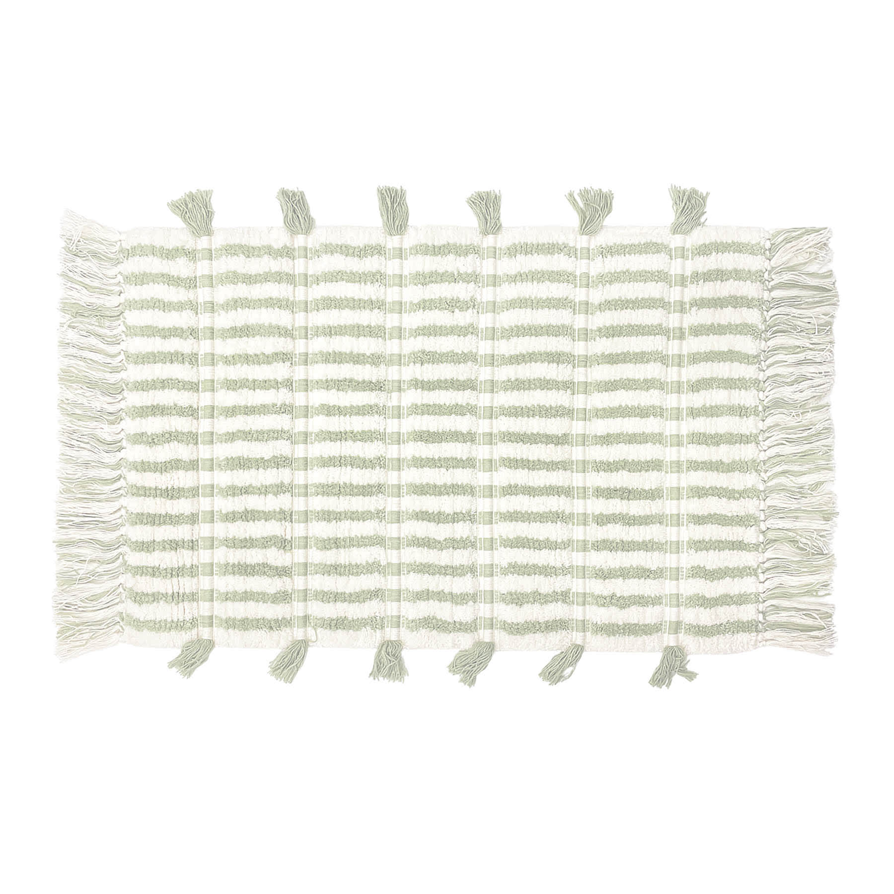Honeybloom Sage Striped Cotton Bath Rug with Tassels, 20x30