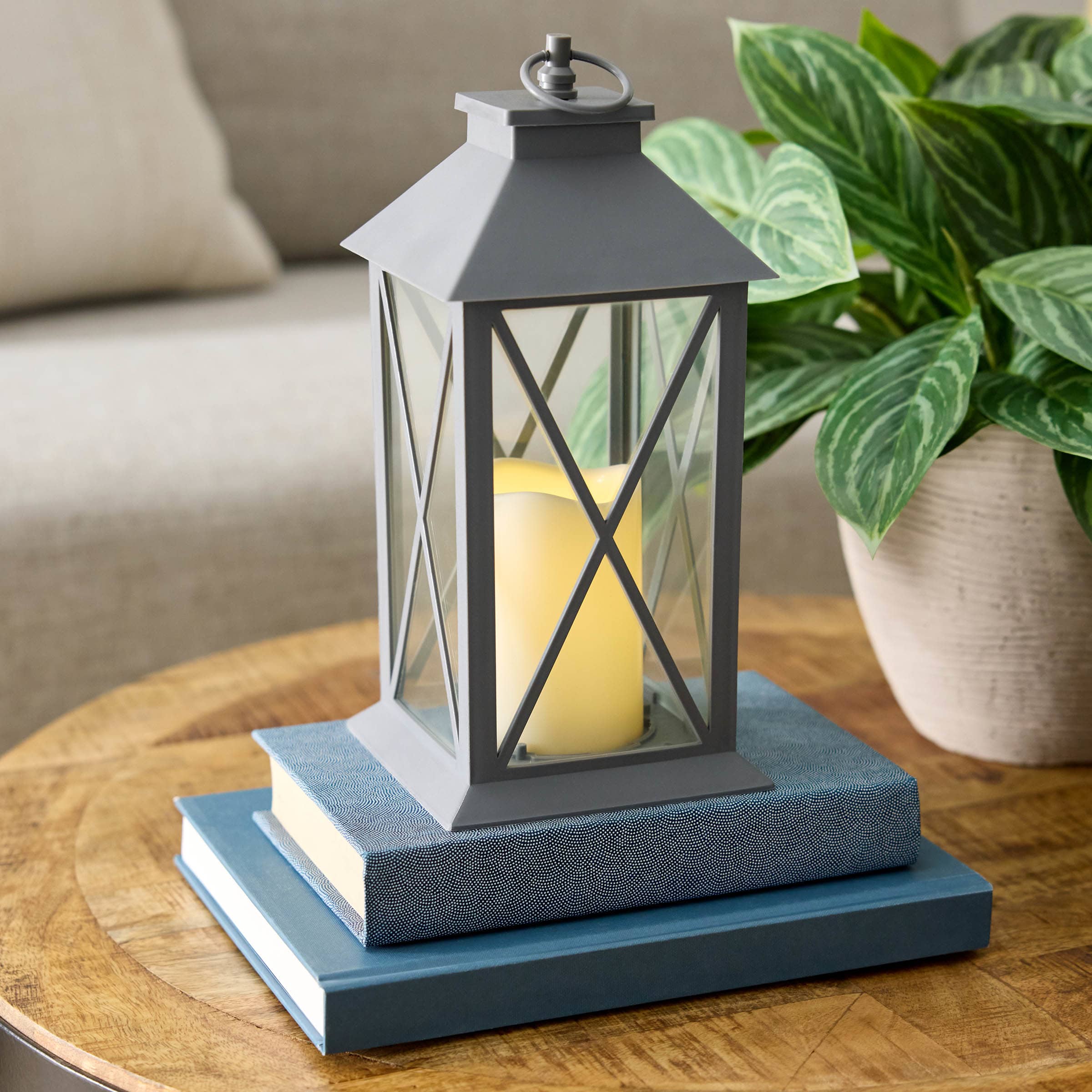 Grey LED X-Frame Lantern, 11"