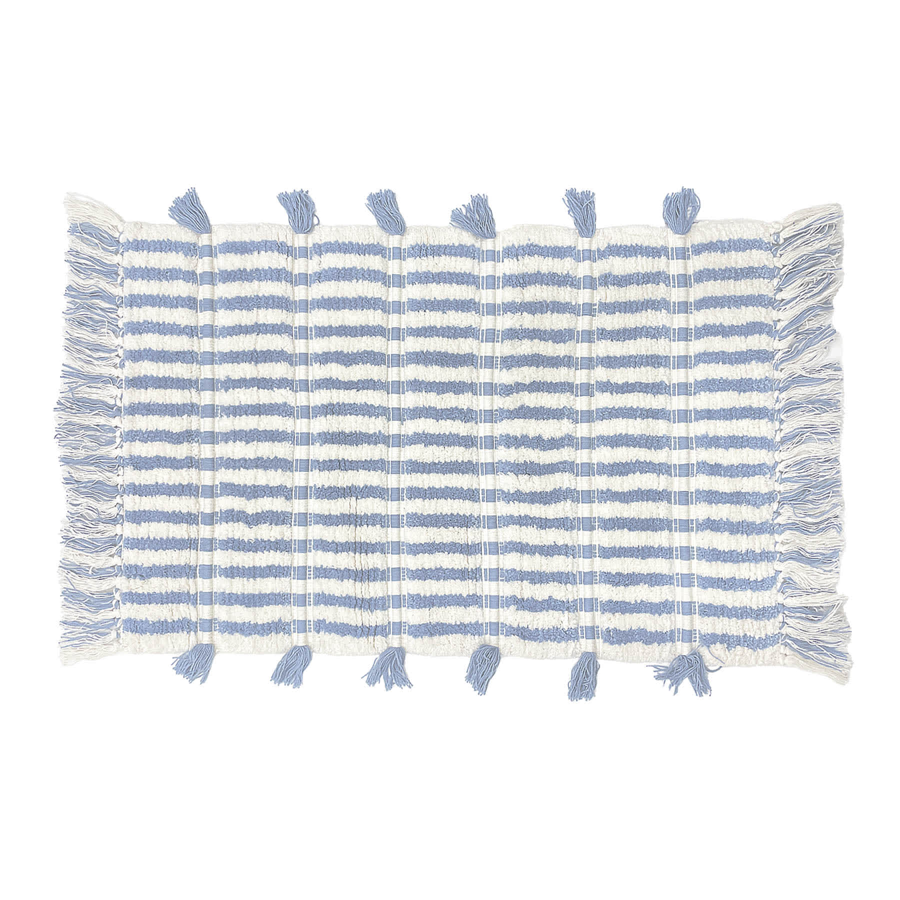 Honeybloom Blue Striped Cotton Bath Rug with Tassels, 20x30