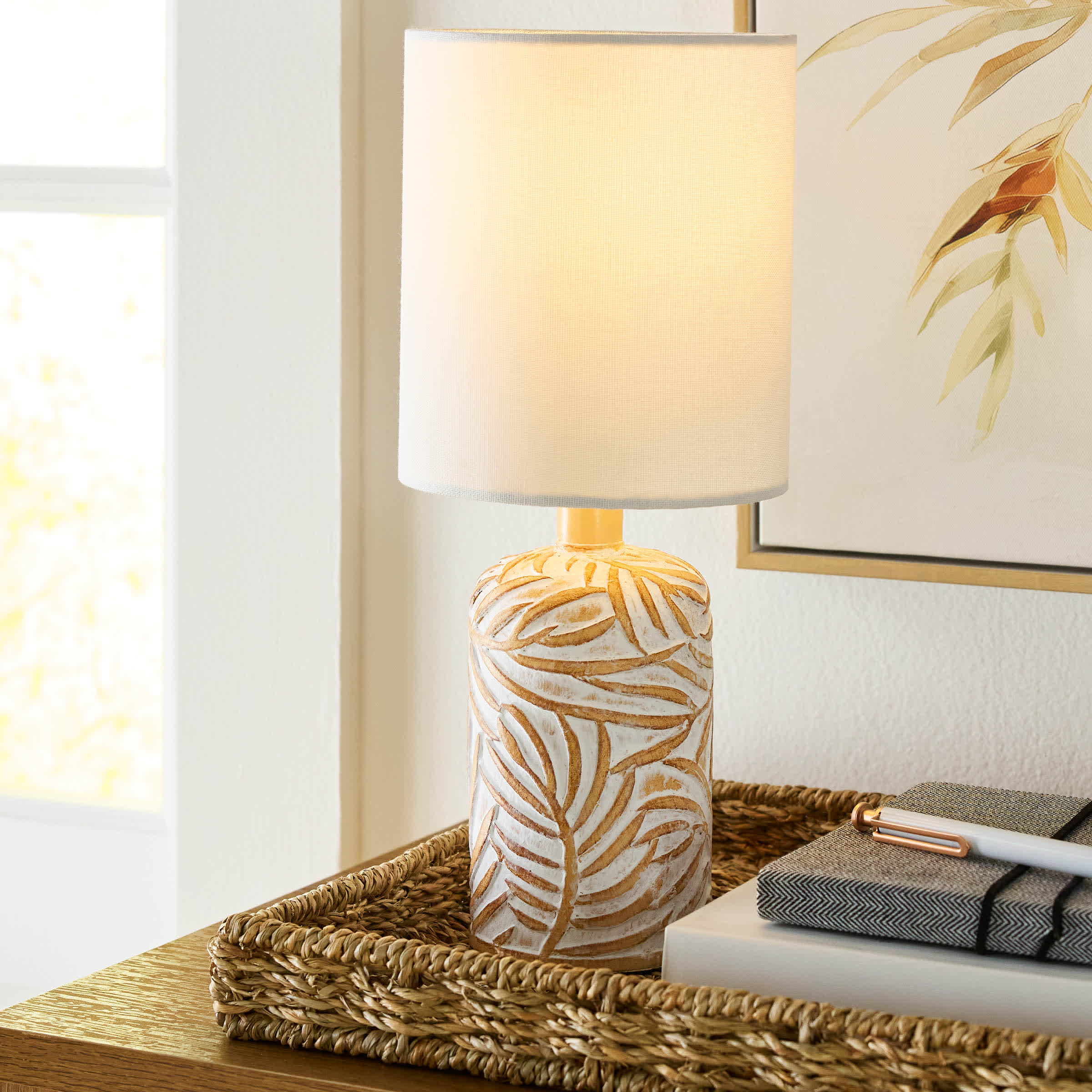 Tan with White PatternMini Table Lamp with Shade, 12.5"