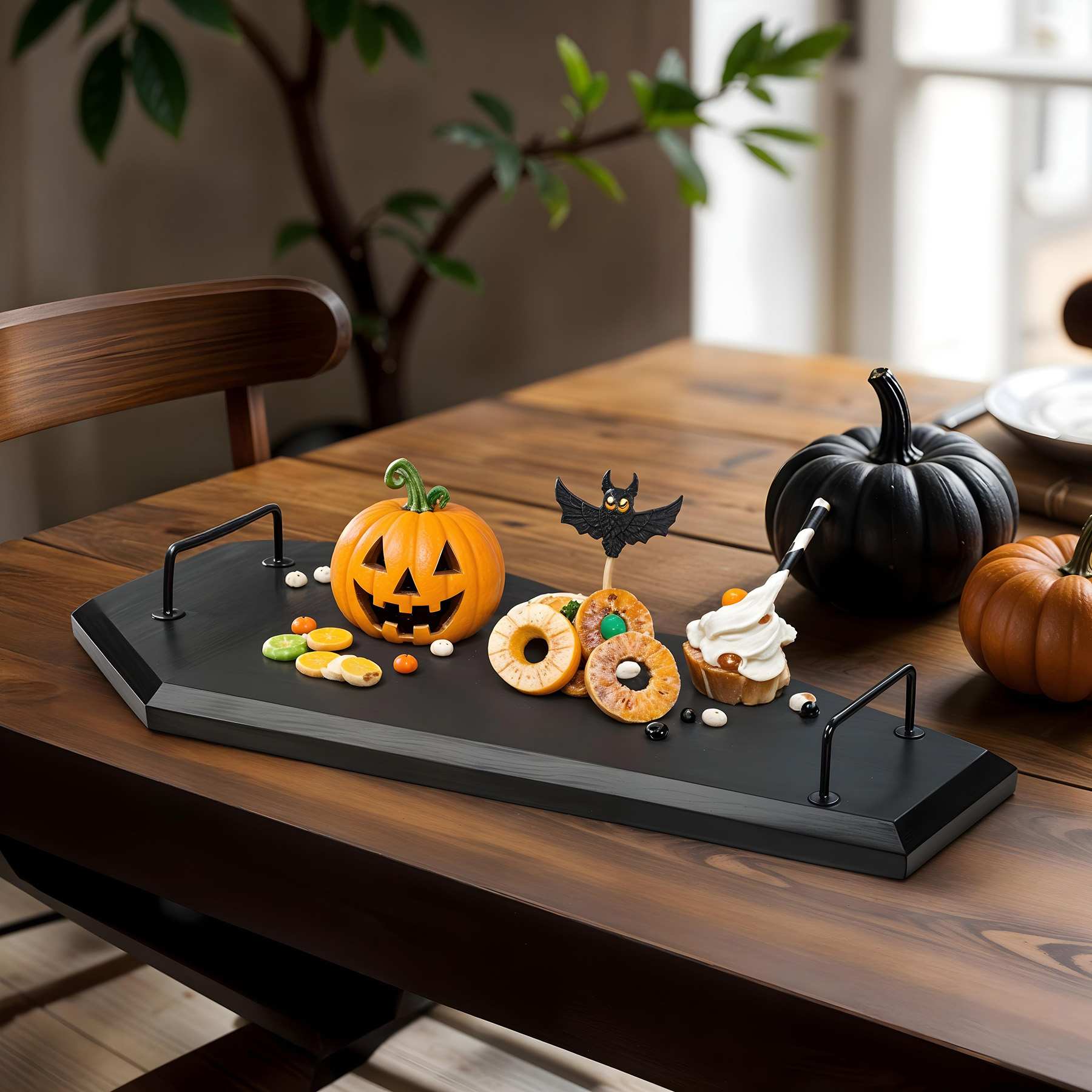 Midnight Shadows Black Wooden Coffin Charcuterie Board with Handles, 24x12
