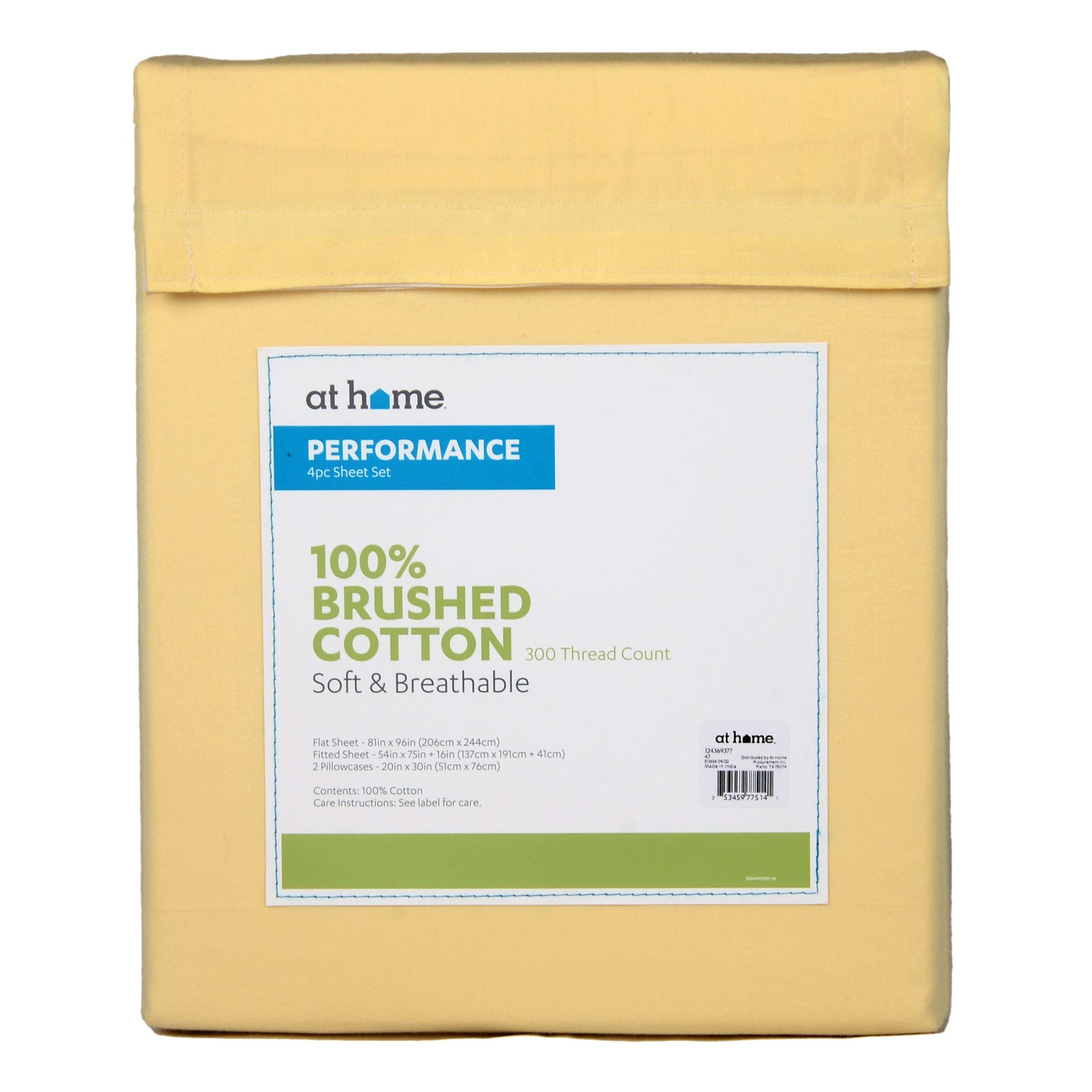 4-Piece Yellow 300 Thread Count 100% Brushed Cotton Percale Sheet Set, Full