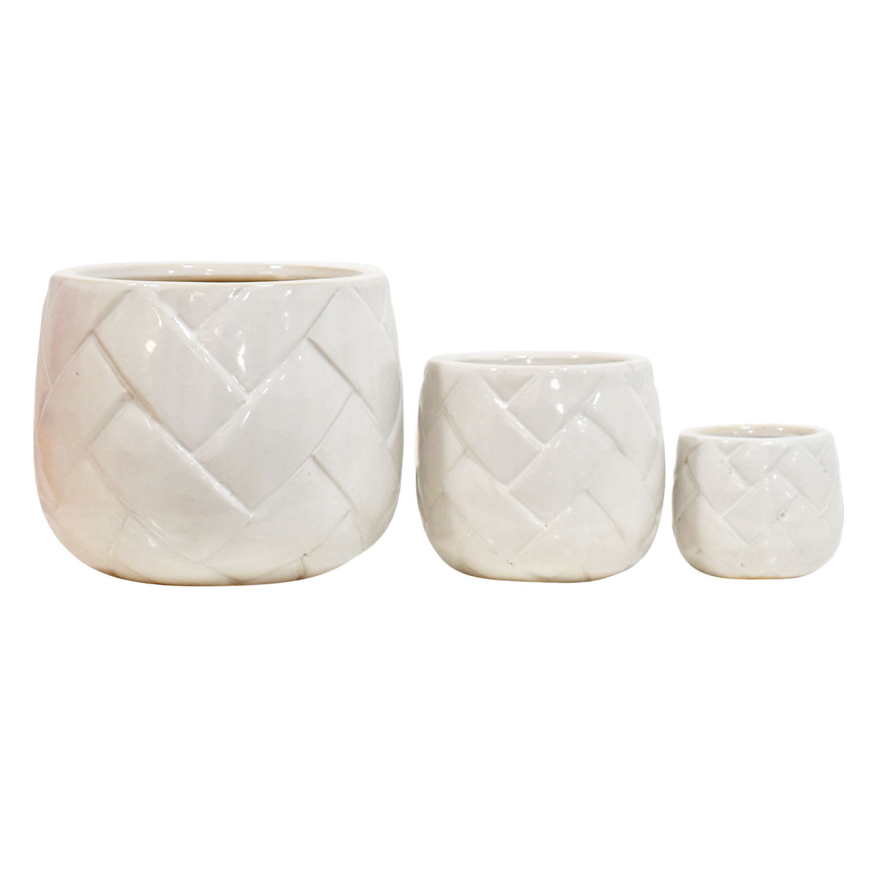 Indoor White Glazed Weave Textured Ceramic Pot, Medium