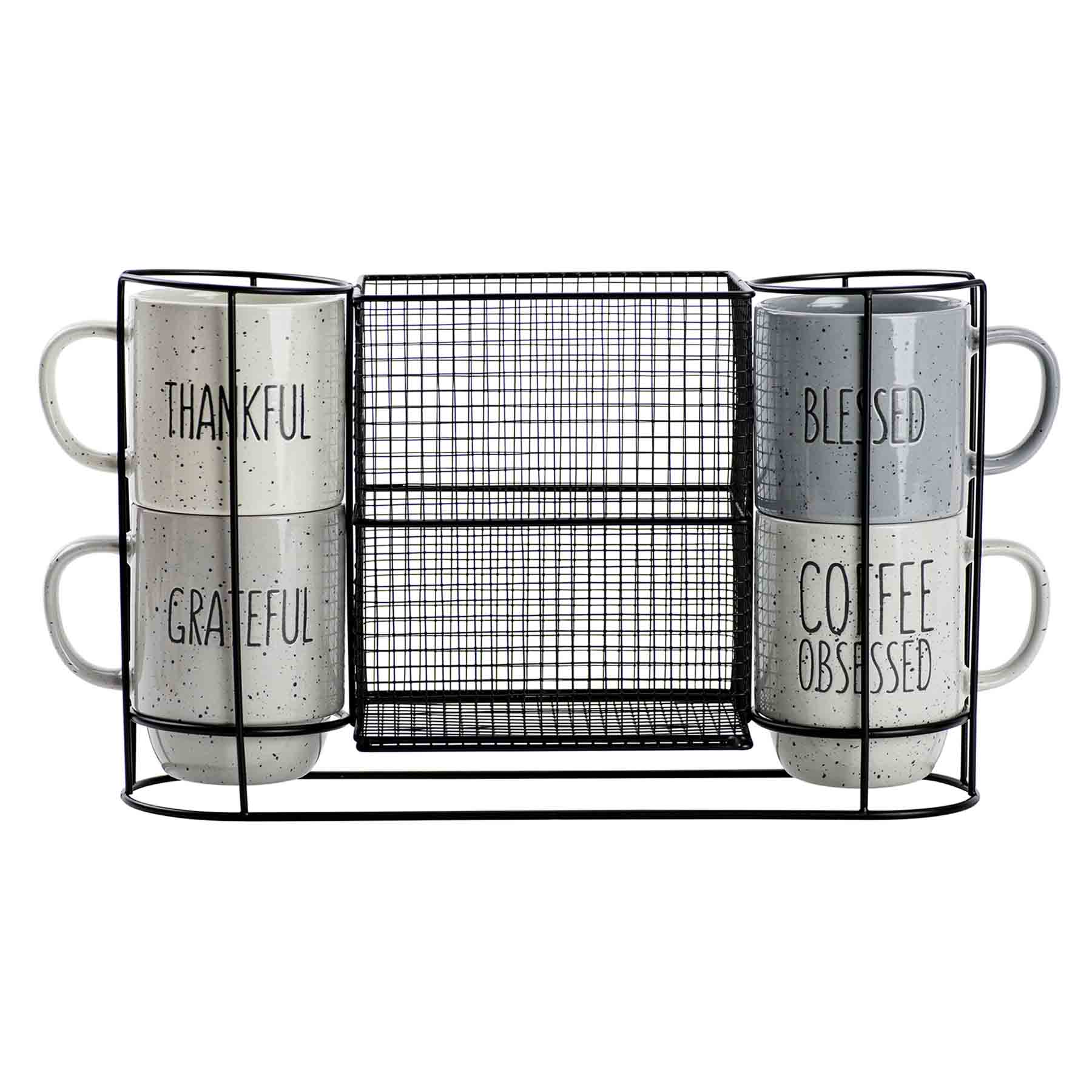 Speckled Sentiment Coffee Mugs with Cupkeeper Rack, 14oz