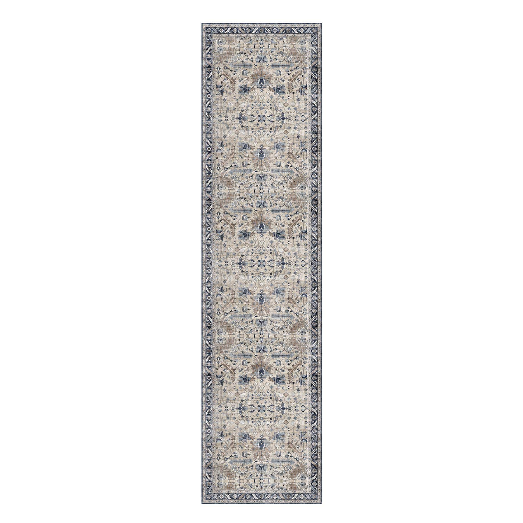 (B876) Dove Ivory & Blue Medallion Washable Runner, 2x8