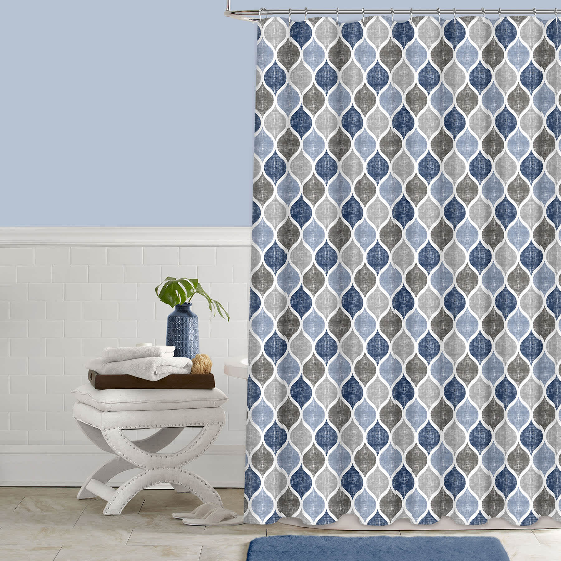 13-Piece Blue Priya Print Shower Curtain Set, 70x72