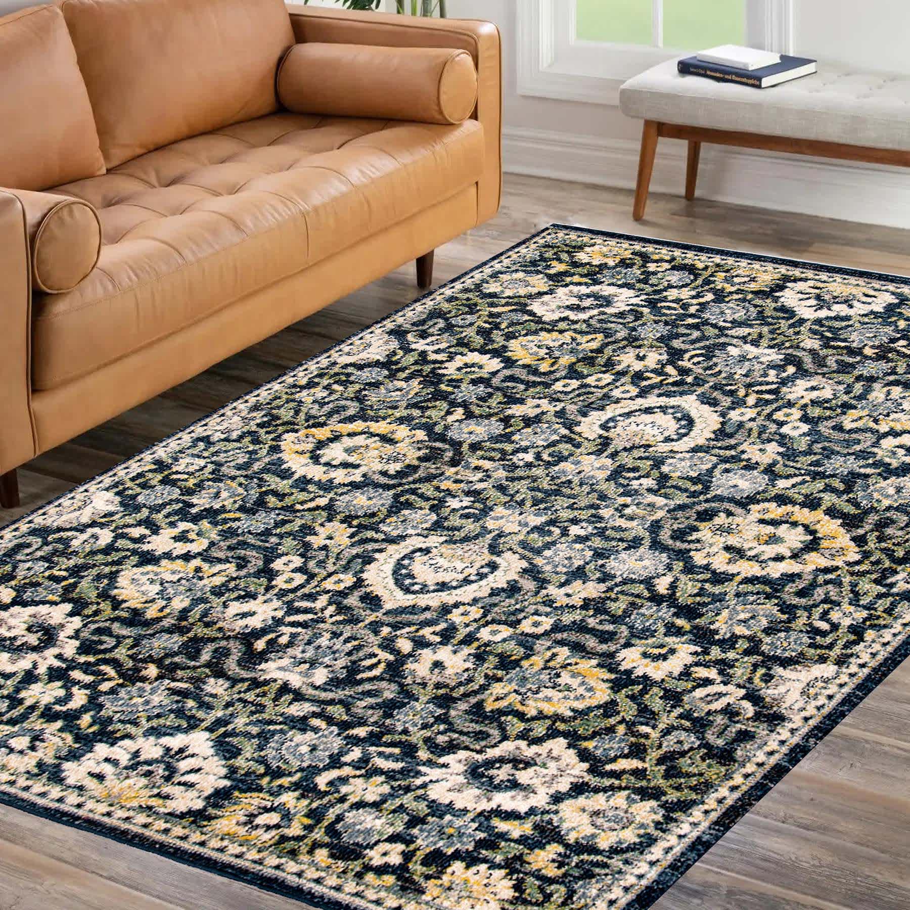 (A519) Olivia Navy Floral Area Rug, 5x7