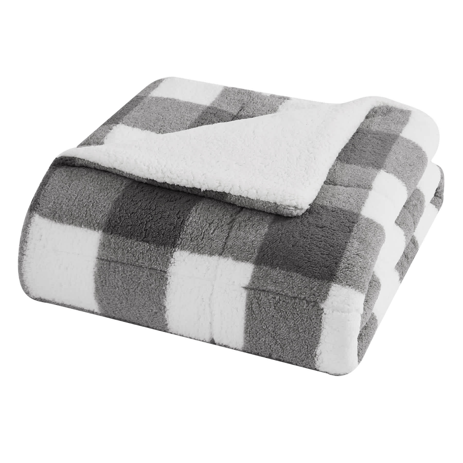 Grey Buffalo Plaid Sherpa Comforter, Queen