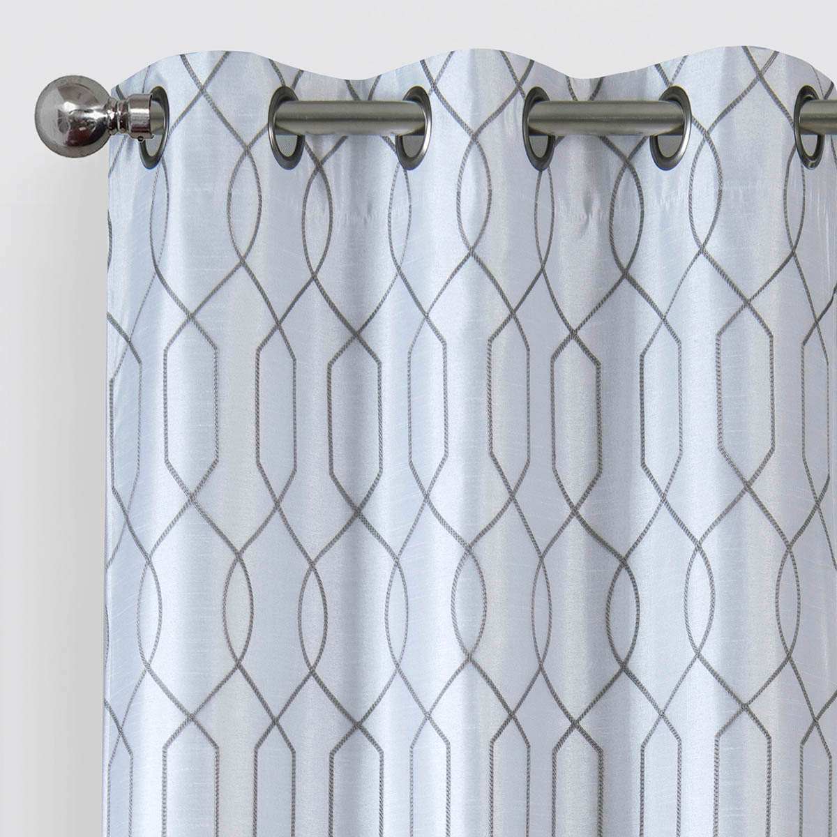 White & Grey Silk Embroidered Blackout Grommet Curtain Panel, 84"