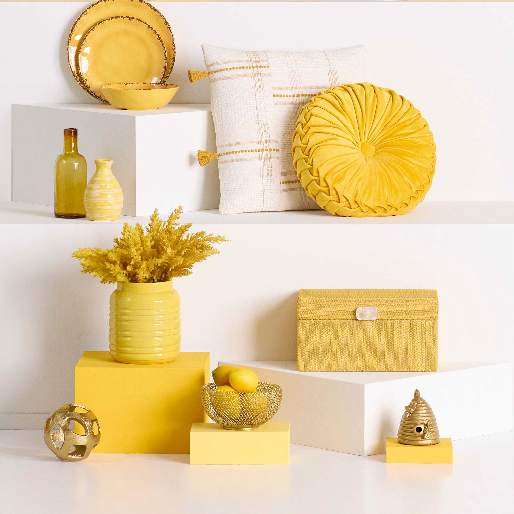 Holan Yellow Pleated Velvet Round Throw Pillow, 16"