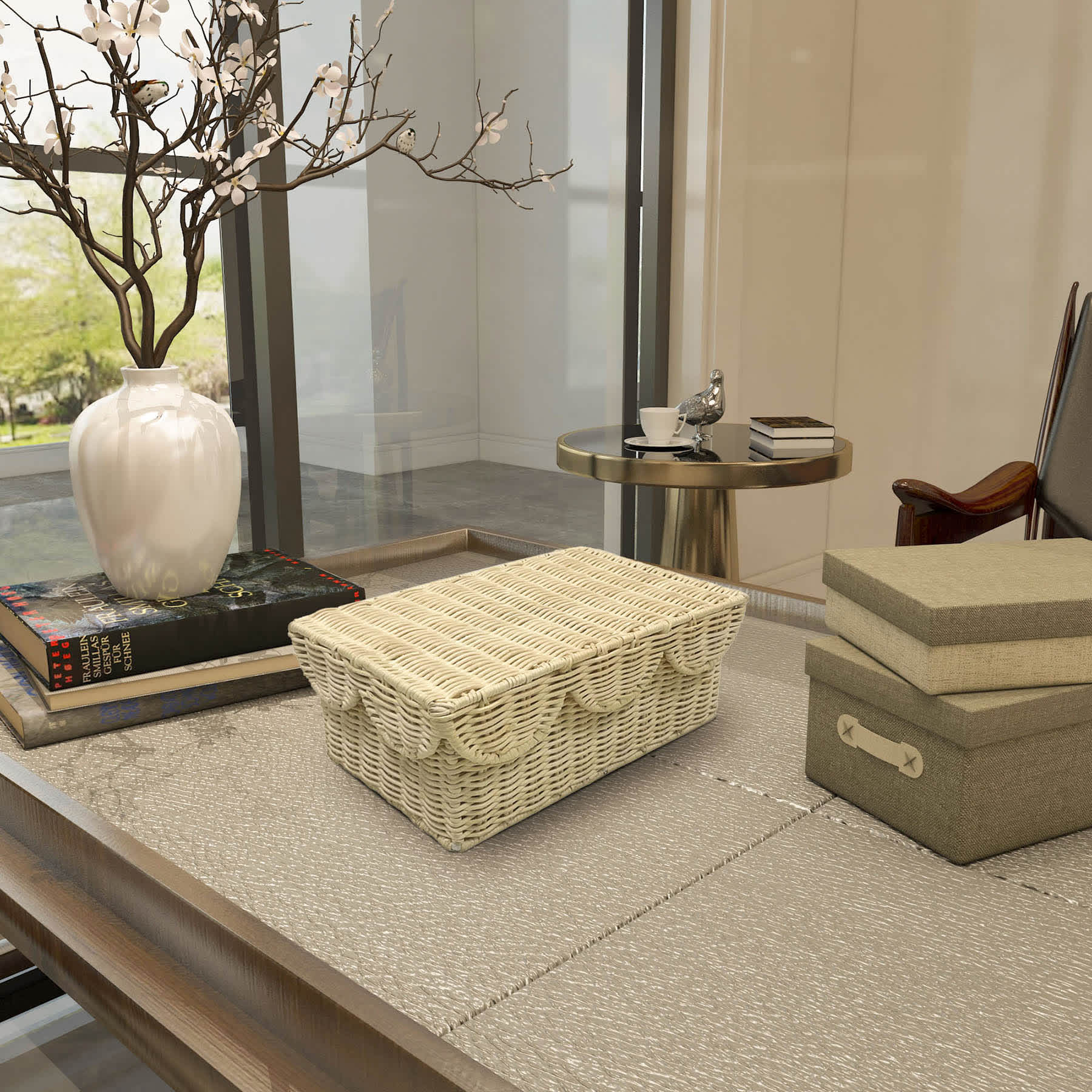 Scalloped Bleached Rattan Box, 10.6x7.1x4.7