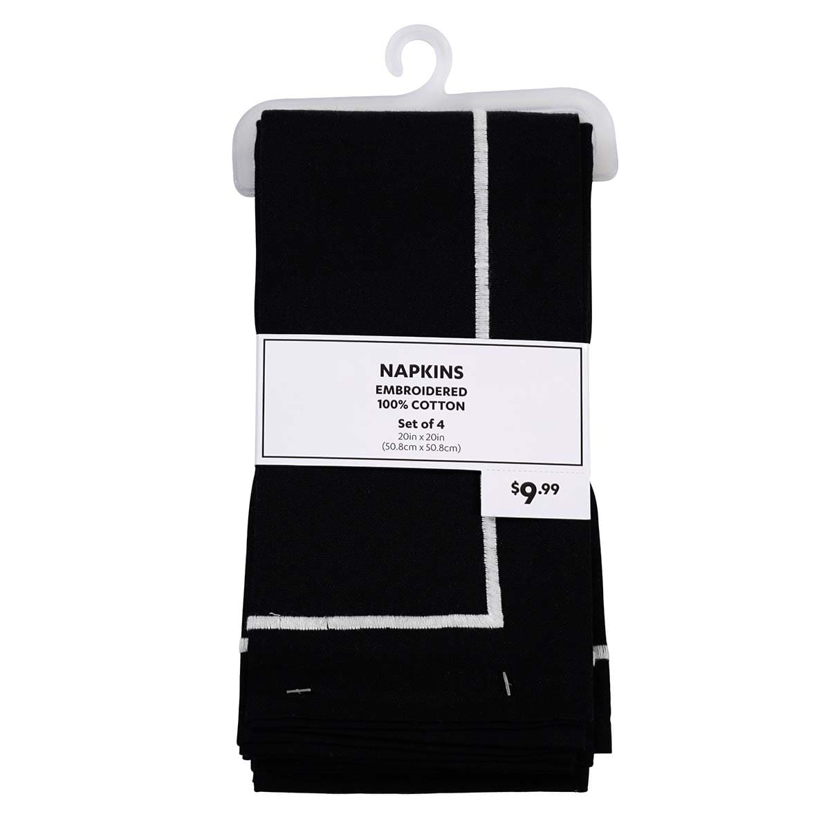 Set of 4 Black with White Embroidery Napkins, 20"