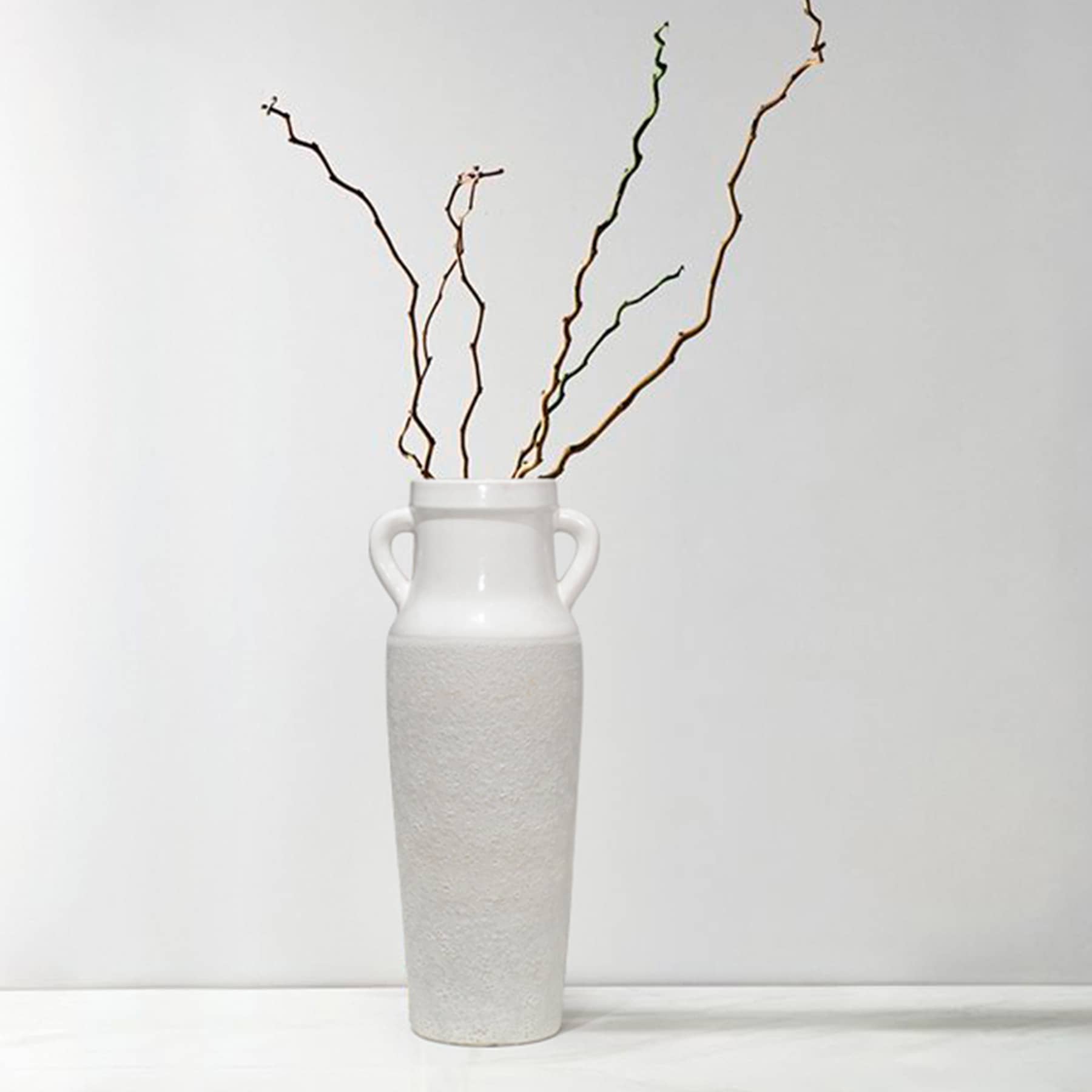 White Rough Ceramic Floor Vase with Handles, 24.4"