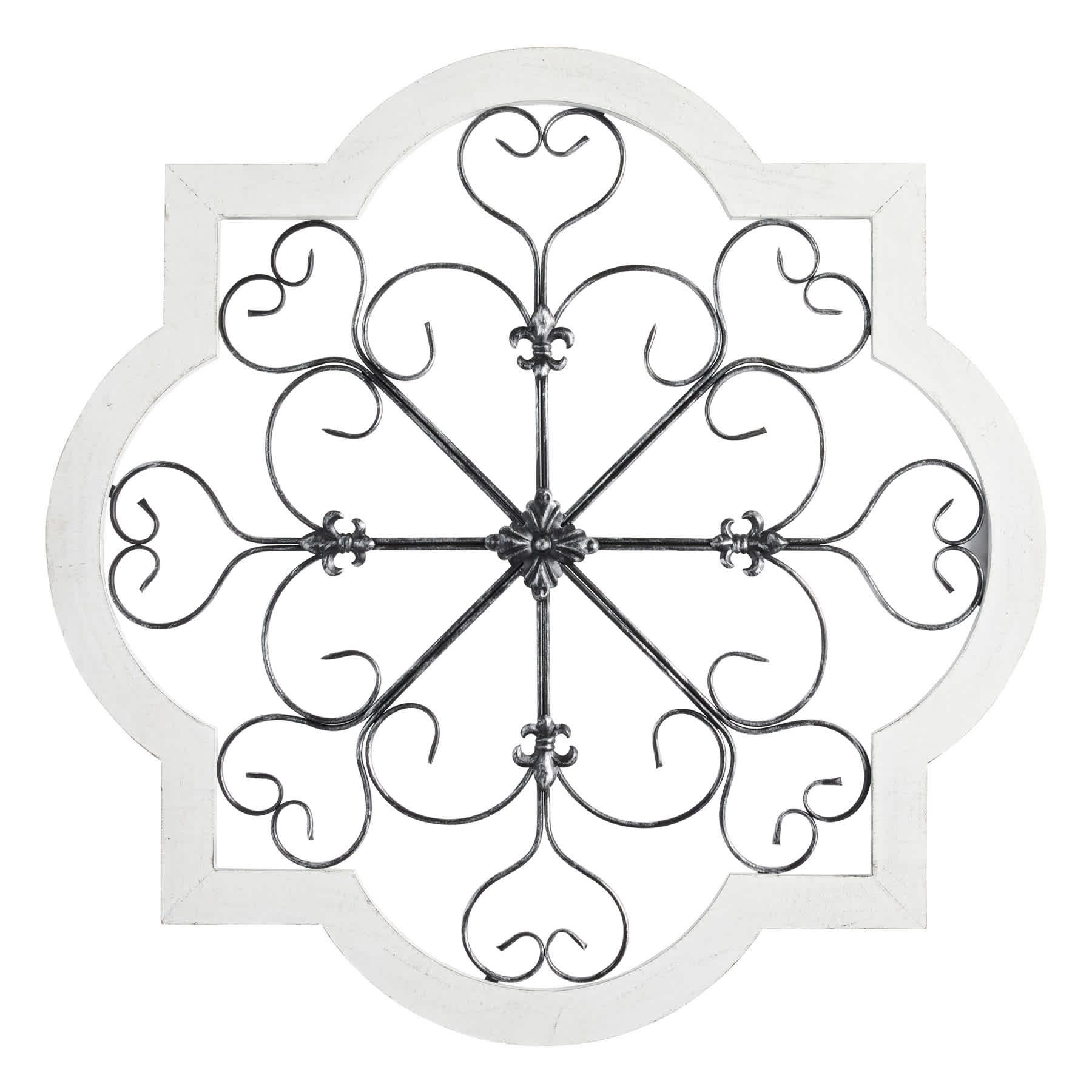 Honeybloom Barbed Quatrefoil Scroll Medallion White Metal & Wood Wall Decor, 36"