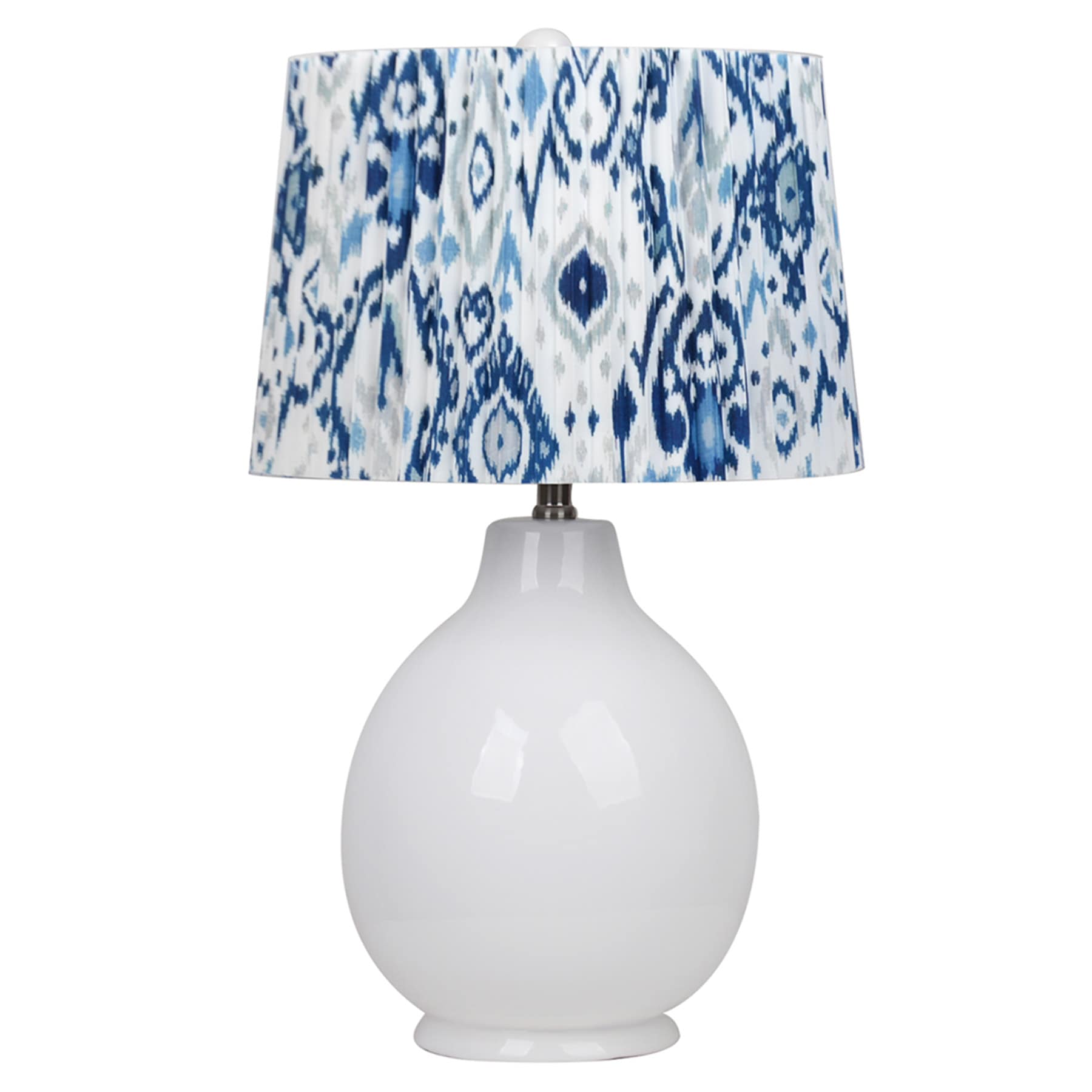 White Ceramic Medium Table Lamp with Blue Ikat Shade, 25"