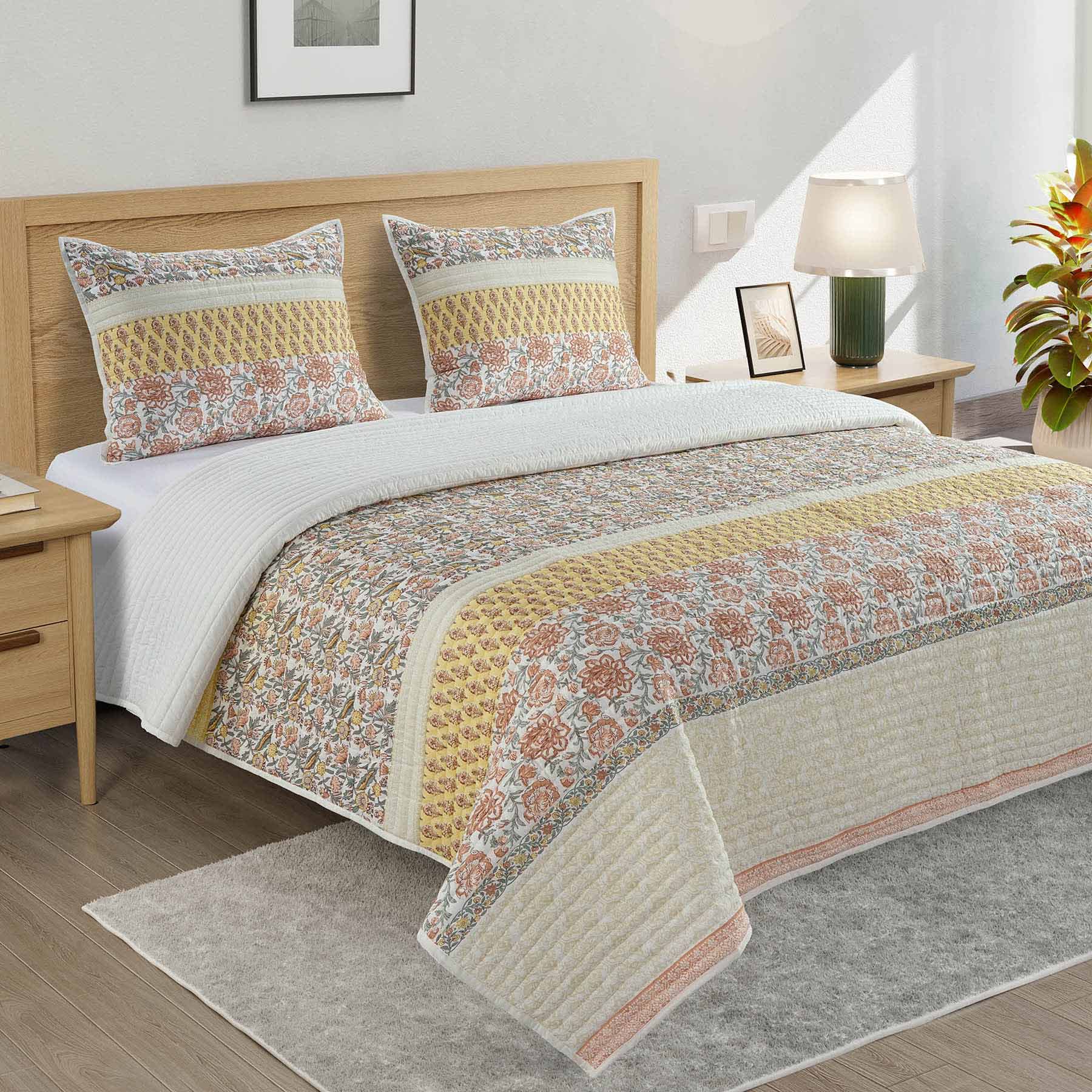 Honeybloom 3-Piece Floral Stripe Printed Cotton Percale Quilt Set, King
