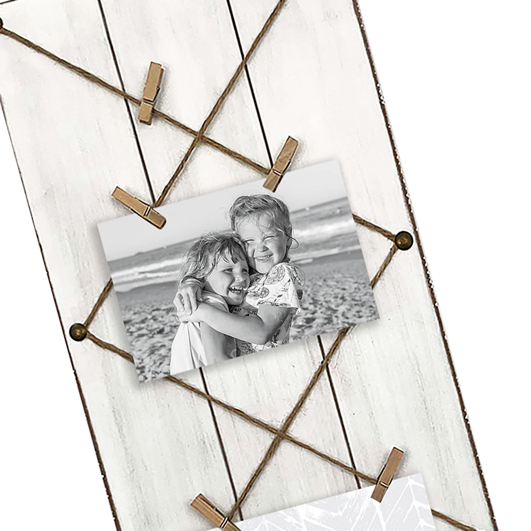 Whitewashed Plank String Collage with Clothespin Photo Clips, 10x25