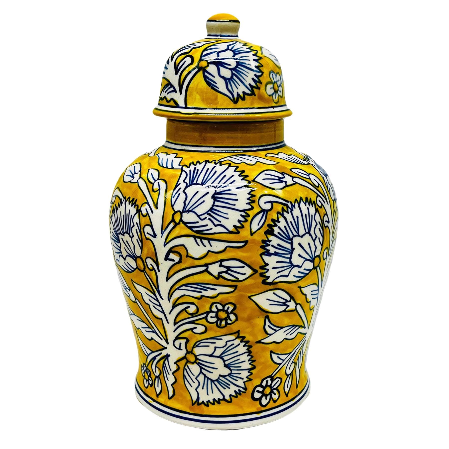Yellow & Blue Handpainted Floral Ceramic Ginger Jar, 10.5''