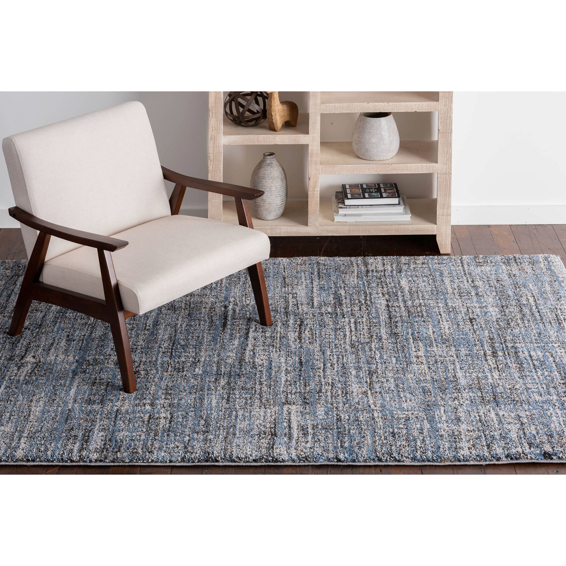 (A410) Strato Hatchure Blue Woven Shag Area Rug, 7.8x9.8