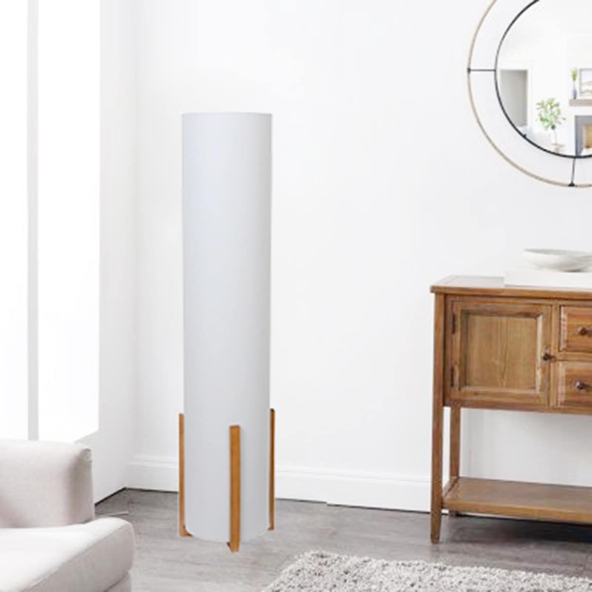 Off White Shade Uplight w Brown Wood Trim, 43"
