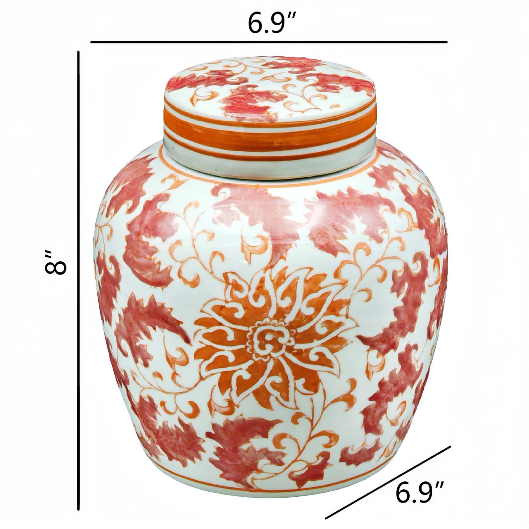 Coral Chinoiserie Porcelain Jar, 7x8