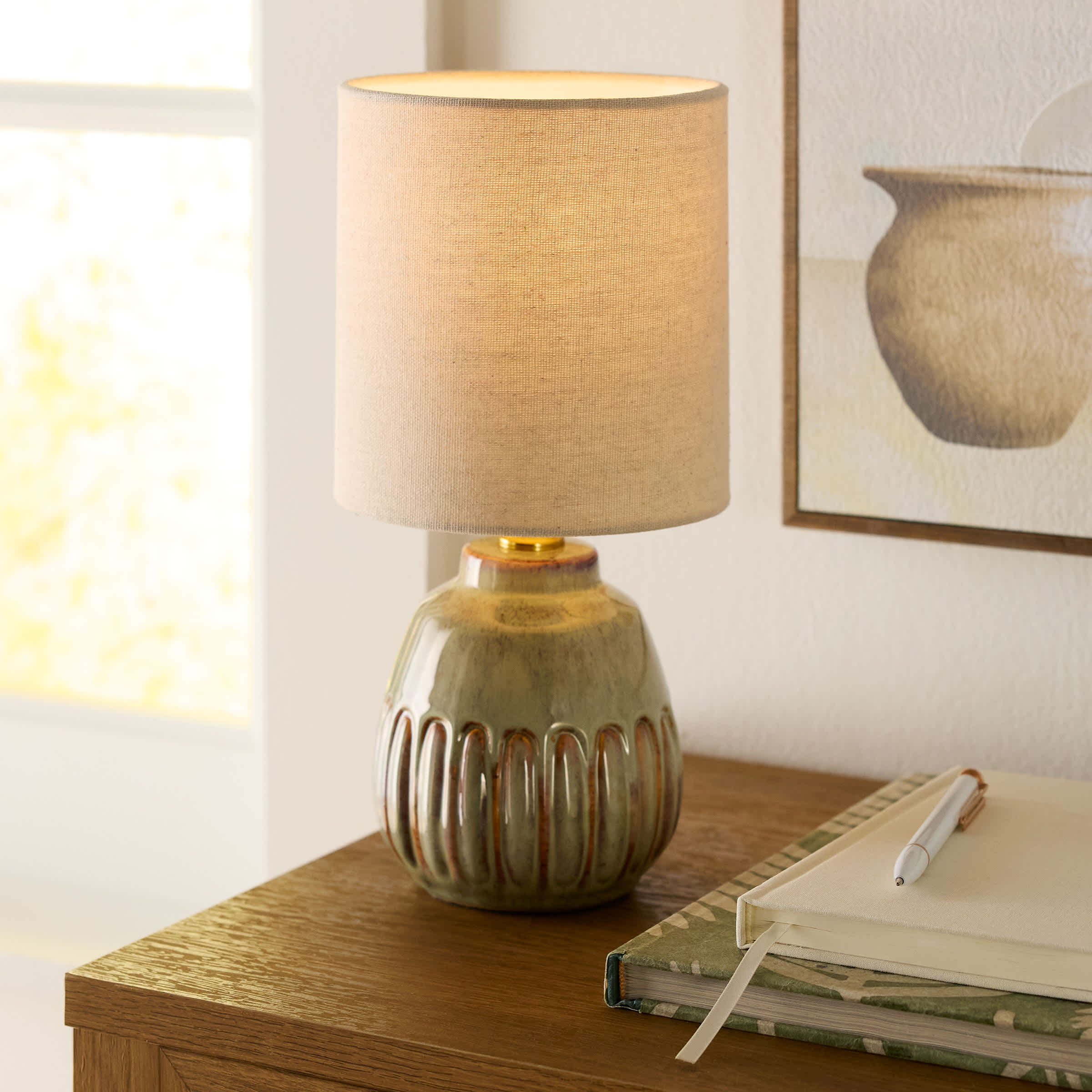 Honeybloom Green & Brown Reactive Glaze Mini Table Lamp with Shade, 12"