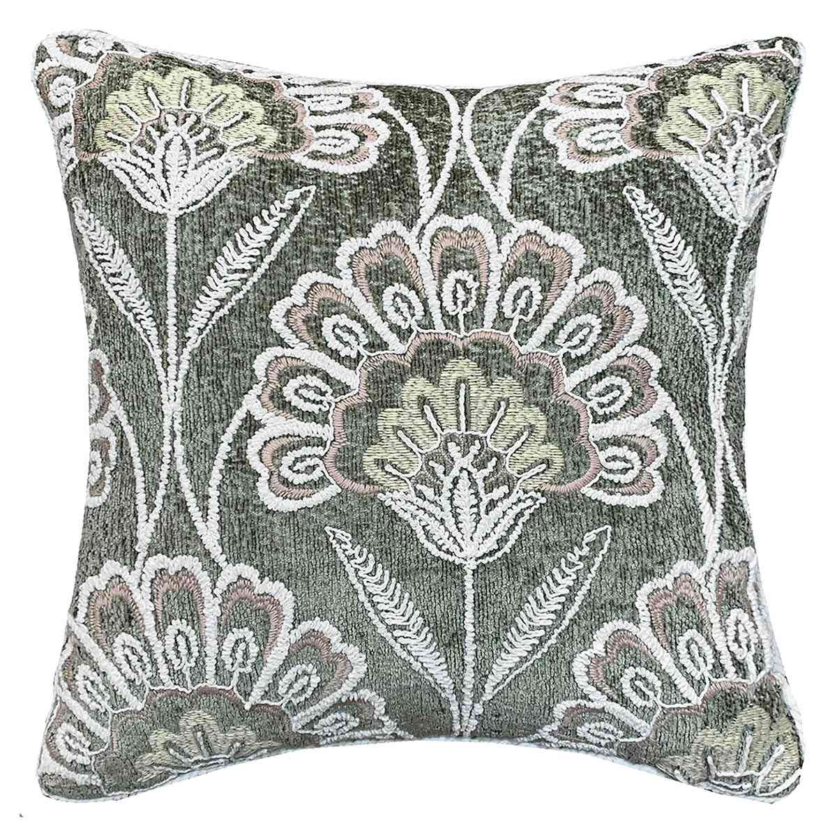 Green Floral Chenille Embroidered Throw Pillow, 18"