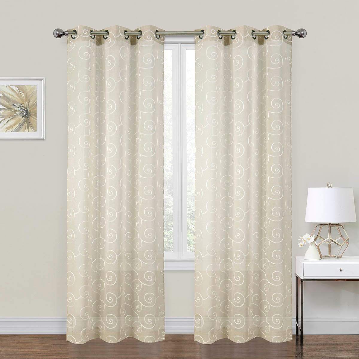 2-Pack Natural Embroidered Scroll Grommet Curtain Panels, 84"