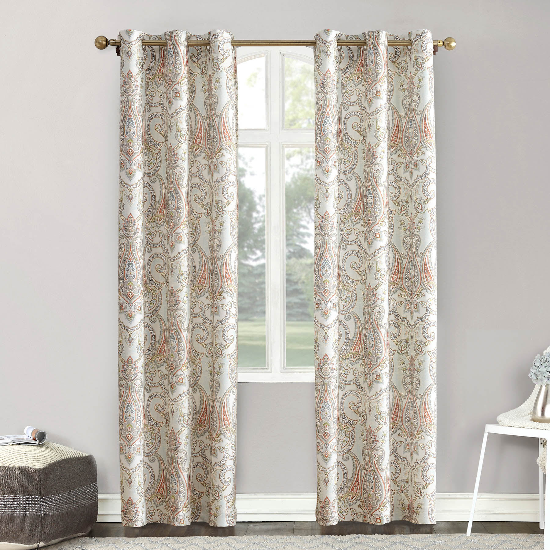 Coral Paisley Damask Light Filtering Grommet Curtain Panel, 84"