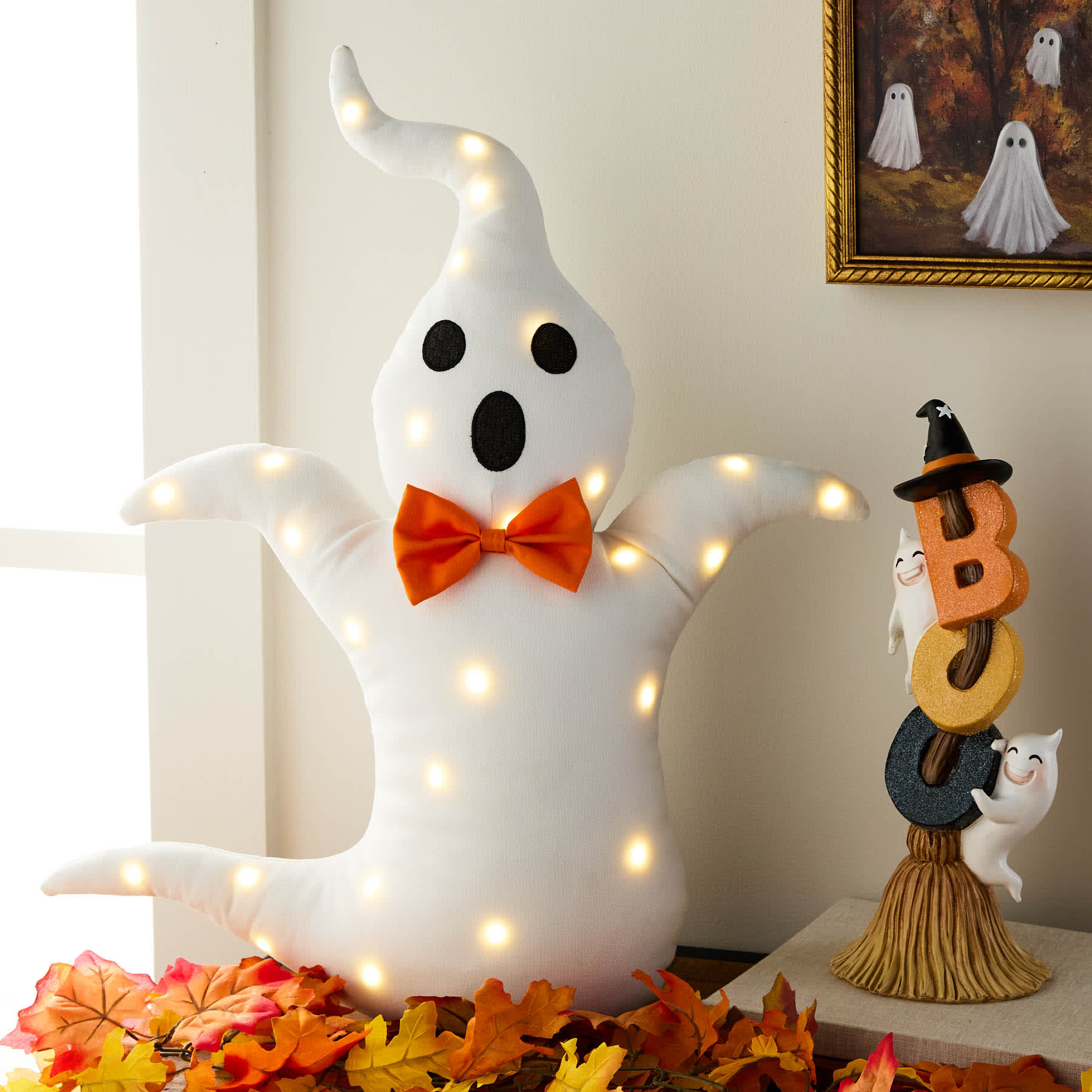 Happy Haunting Ghost on Broom with Boo Sign, 13.8"