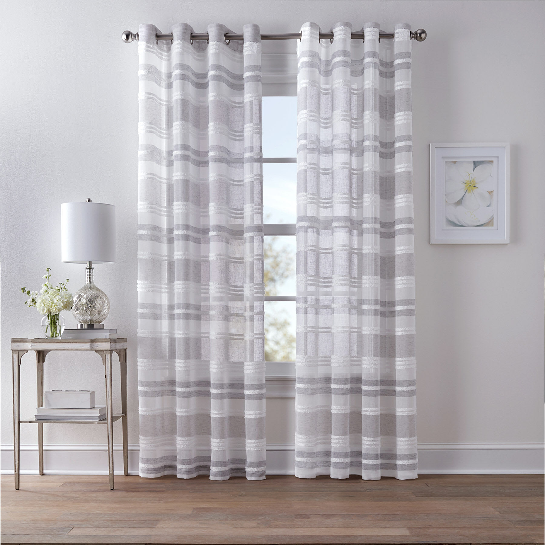 Light Grey Striped Textured Sheer Grommet Curtain Panel, 84"