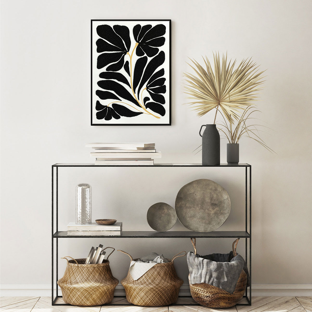 Black Framed Floral Embroidered Canvas Wall Art, 19x25