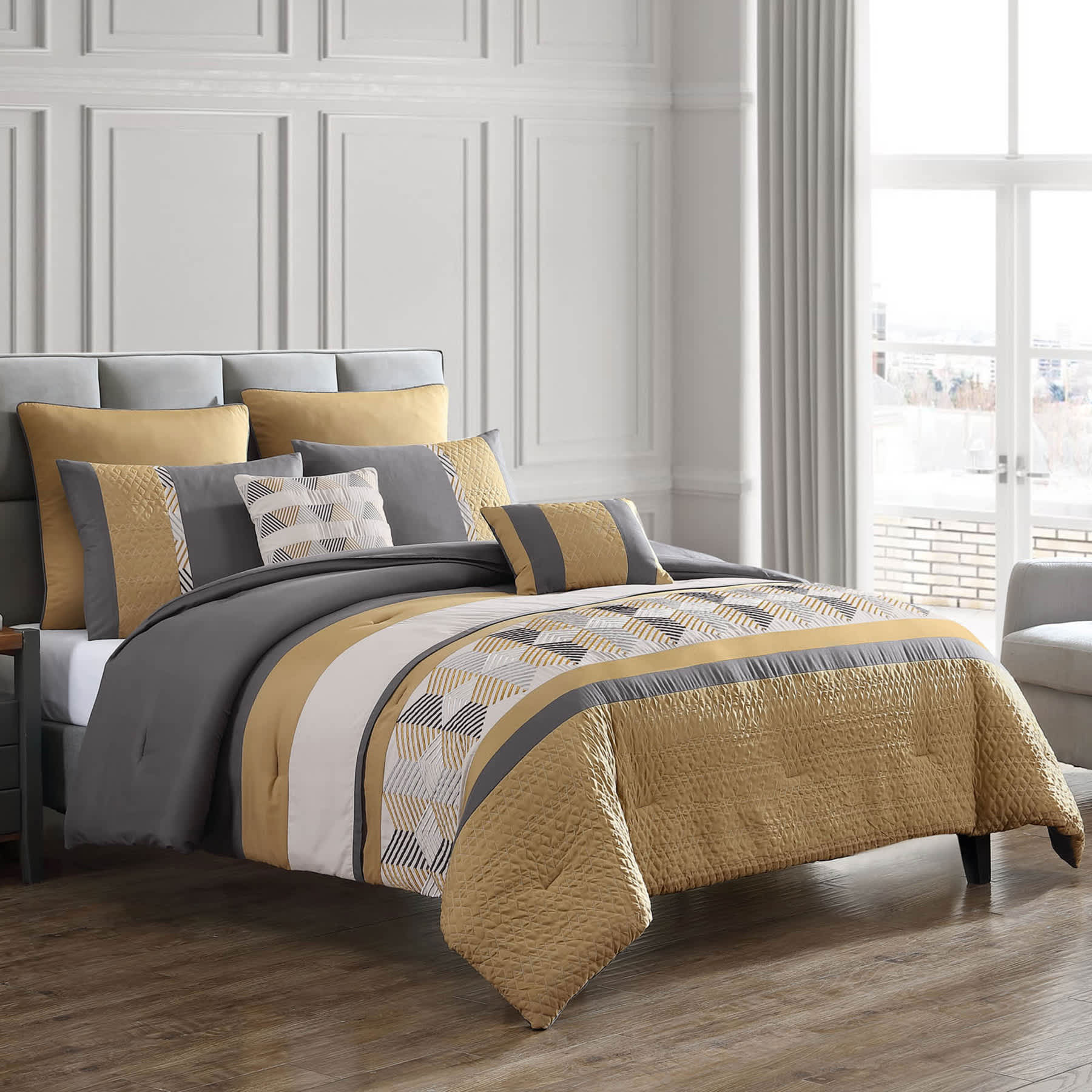 7-Piece Davin Yellow & Grey Comforter Set, Full/Queen