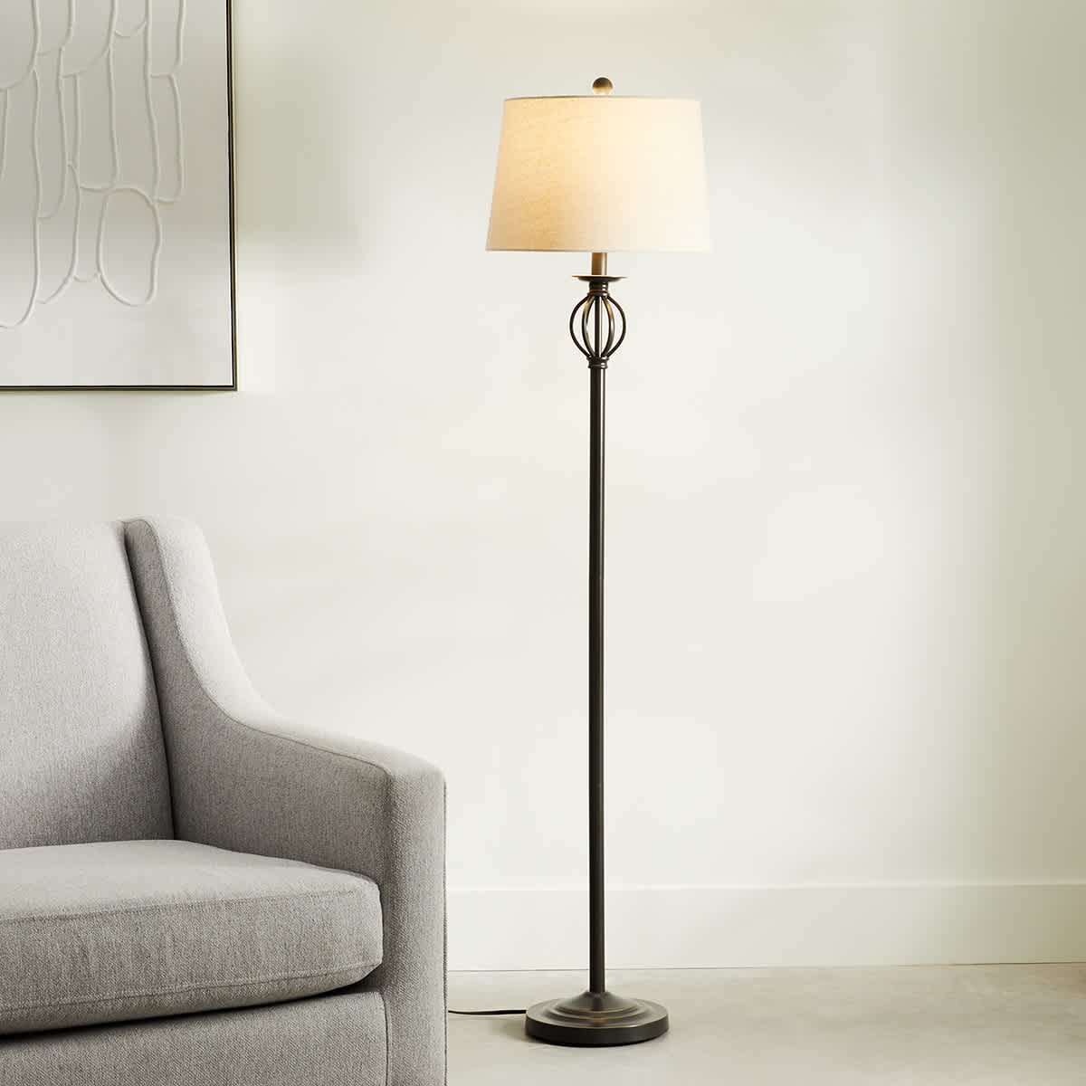 Bronze Finish Spindle Floor Lamp with Oatmeal Fabric Drum Shade, 60"