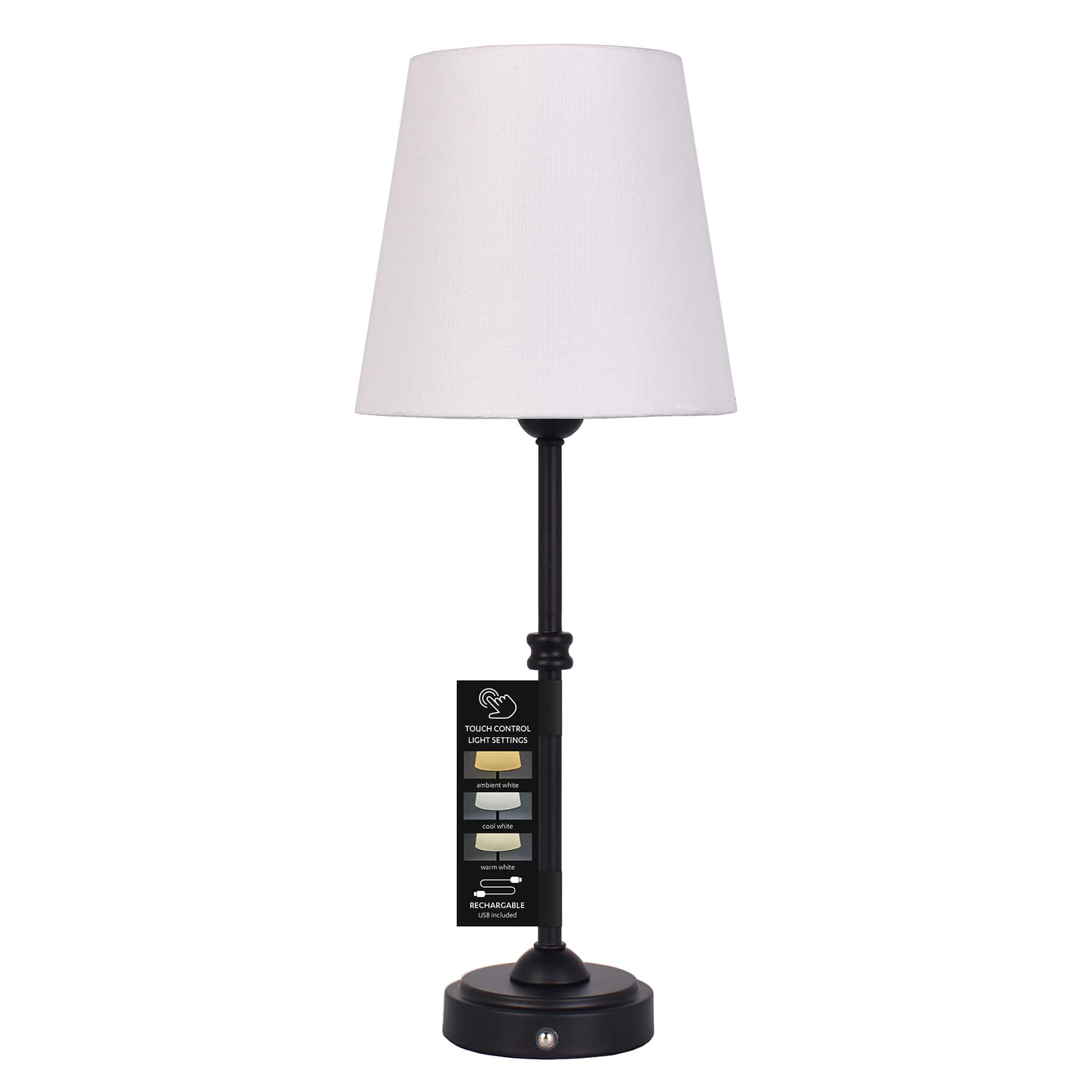 Black Touch Dimmer Rechargeable Buffet Small Table Lamp with Shade, 18"