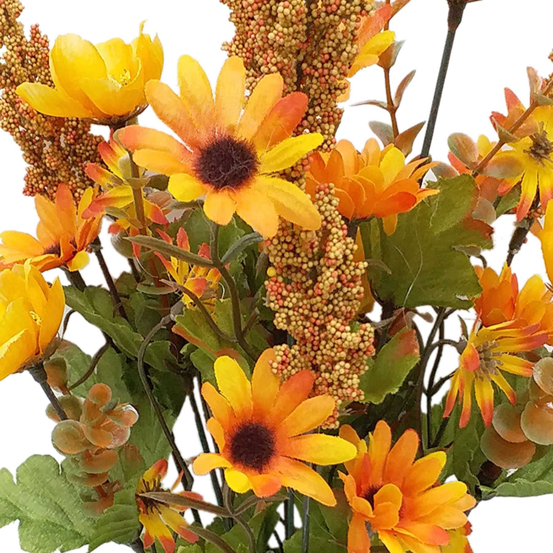10-Head Yellow Daisy & Heather Floral Bush, 18"