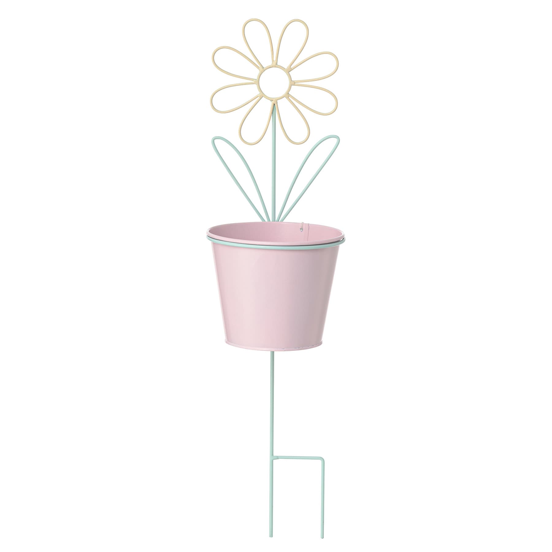 Yellow Flower Metal Yard stake with Pink Planter, 24"