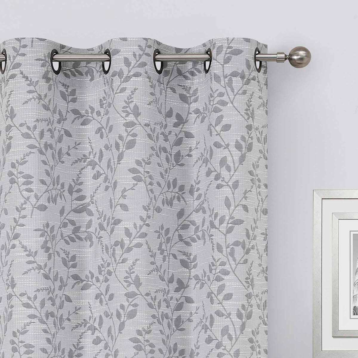 Grey Celia Leaf Jacquard Light Filtering Grommet Curtain Panel, 84"