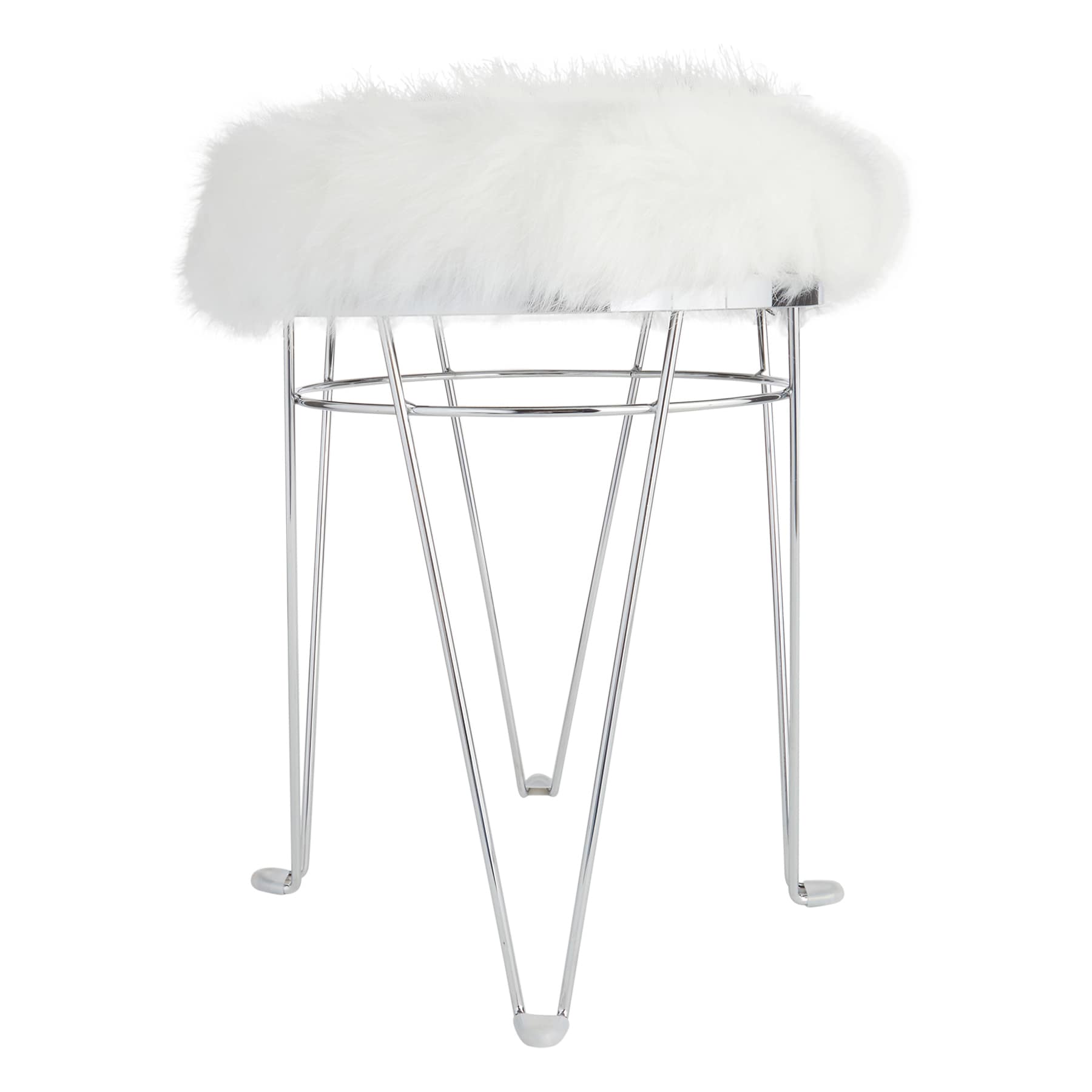 Rion Chrome Wire Vanity Stool & Padded White Faux Fur Seat