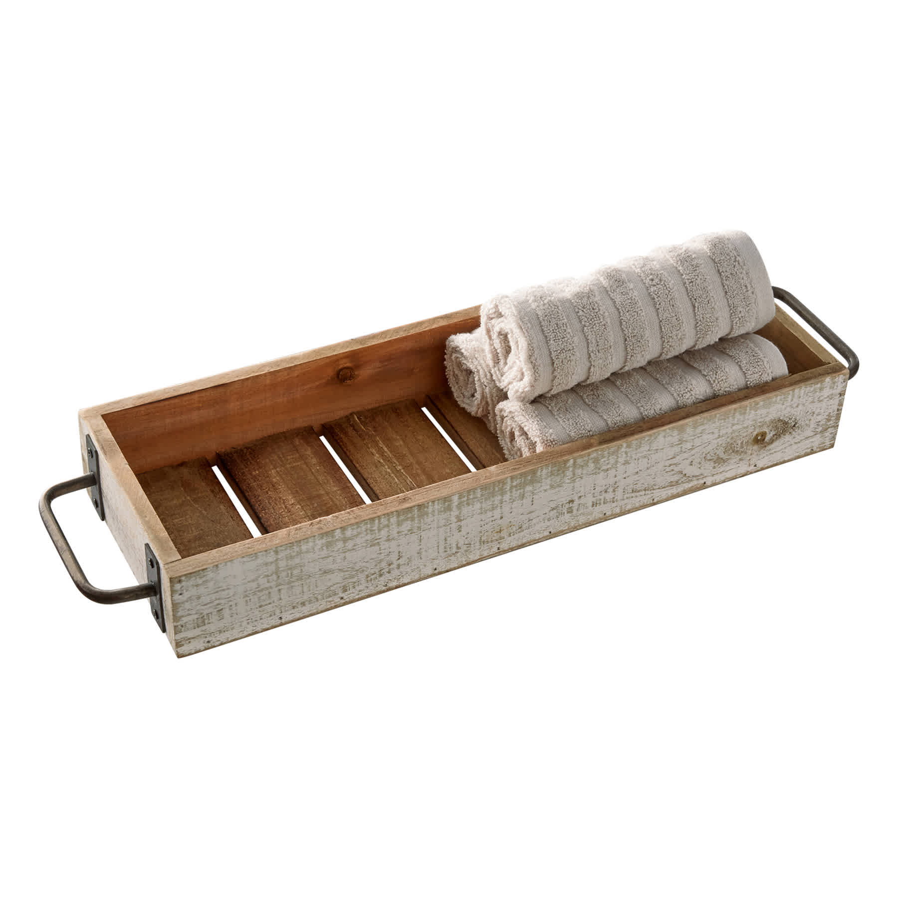 Whitewashed Wooden Tray with Metal Handles, 22x7