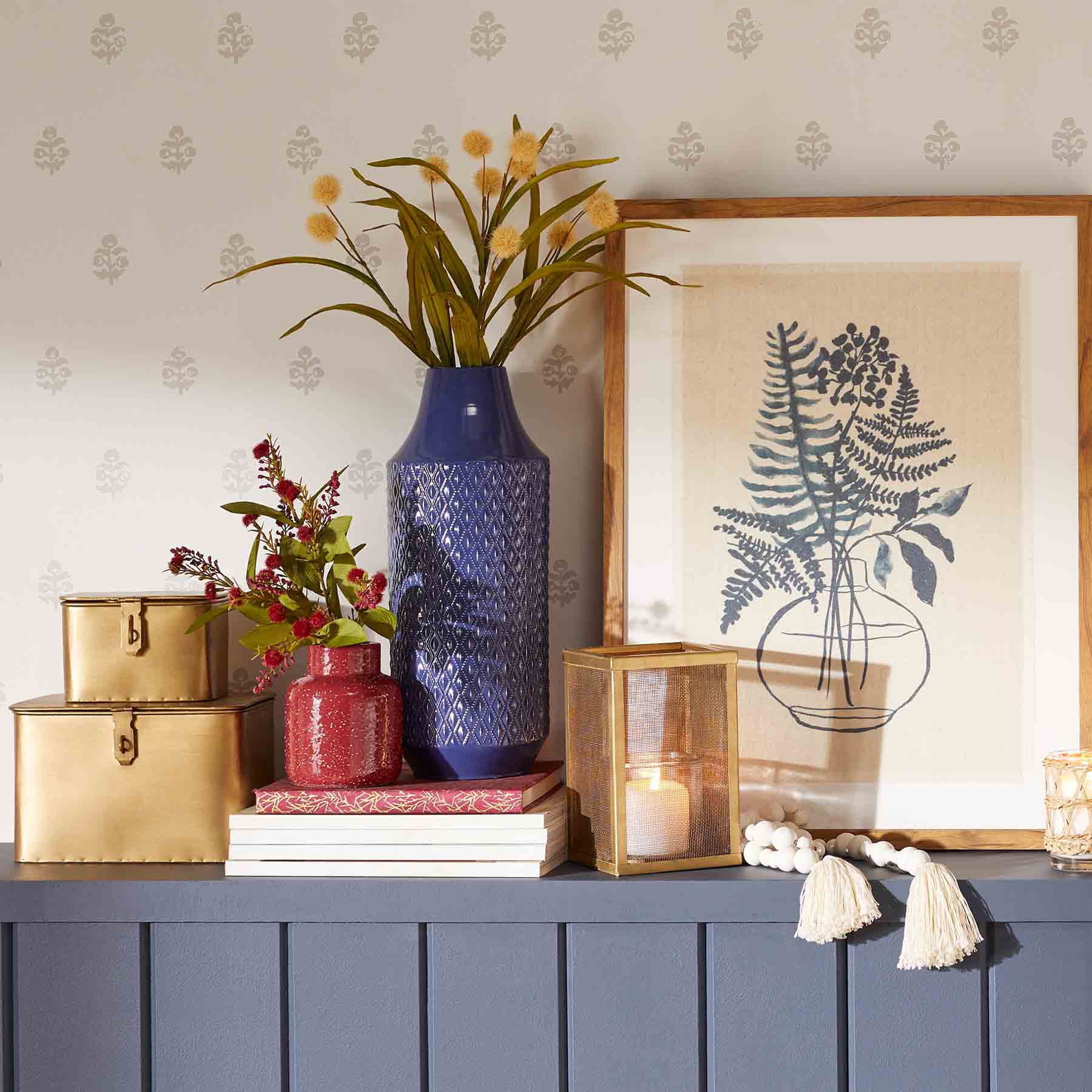 Honeybloom Glass Framed Navy Blue Botanical Print Wall Art, 19x25
