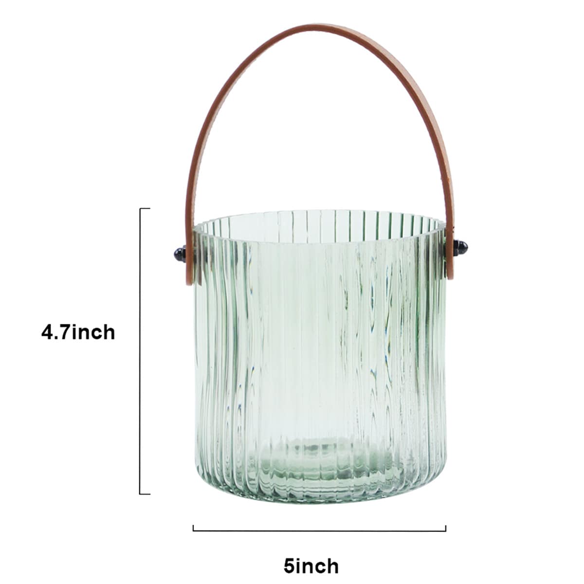 Ribbed Green Glass Lantern with Brown Leather Handle, 5"