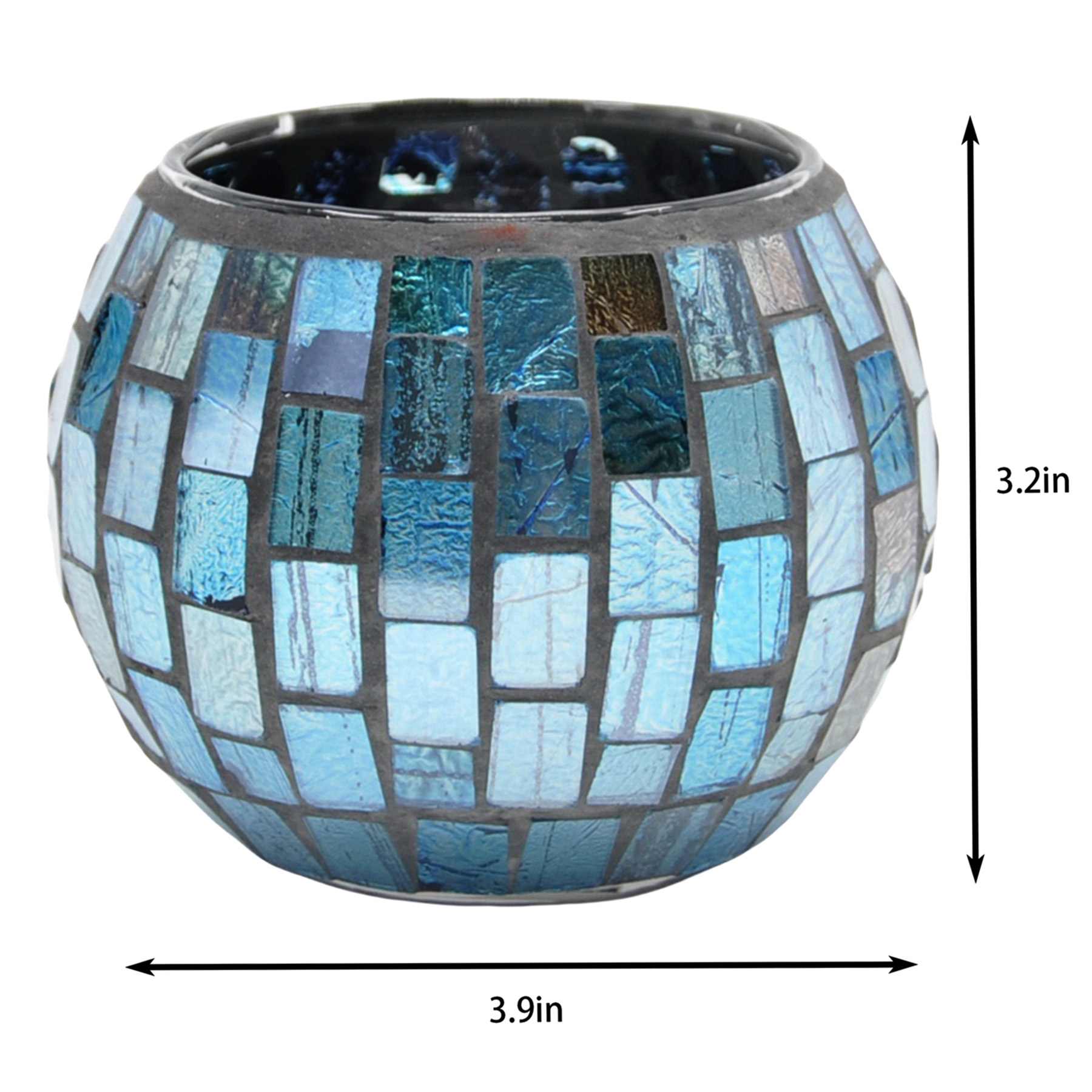 Blue & Amber Brown Mosaic Glass Votive Candle Holder, 3"