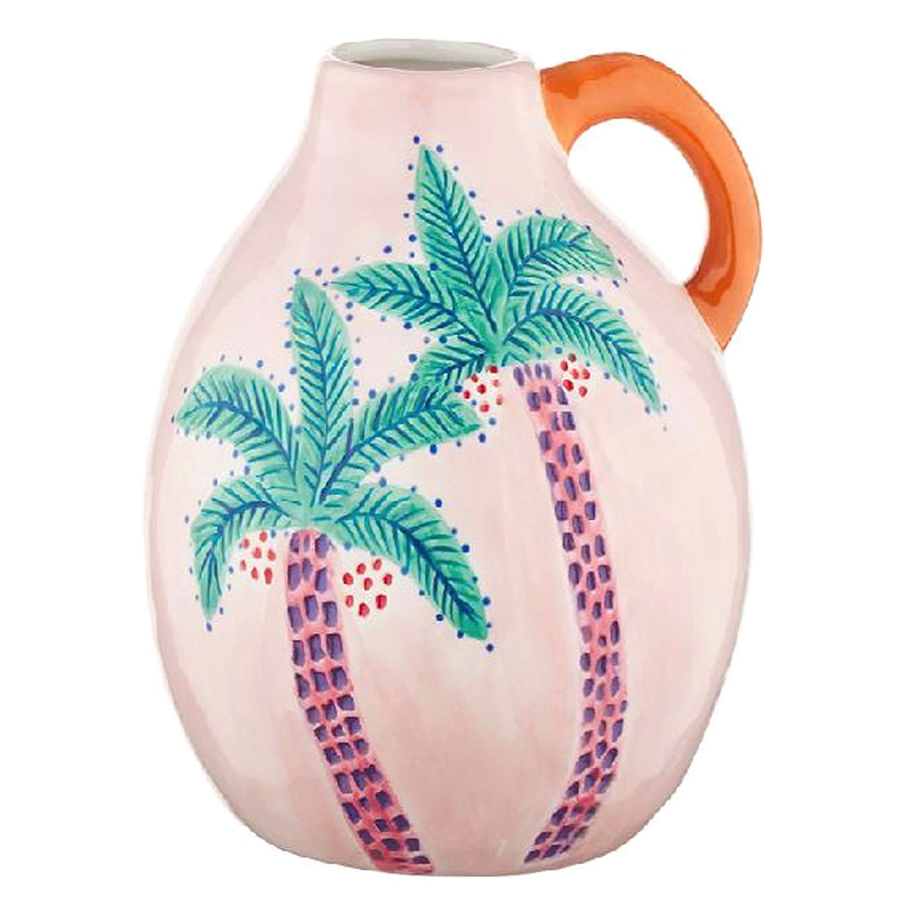 Light Pink Handpainted Ceramic Palm Tree Vase with Handle, 7.68"