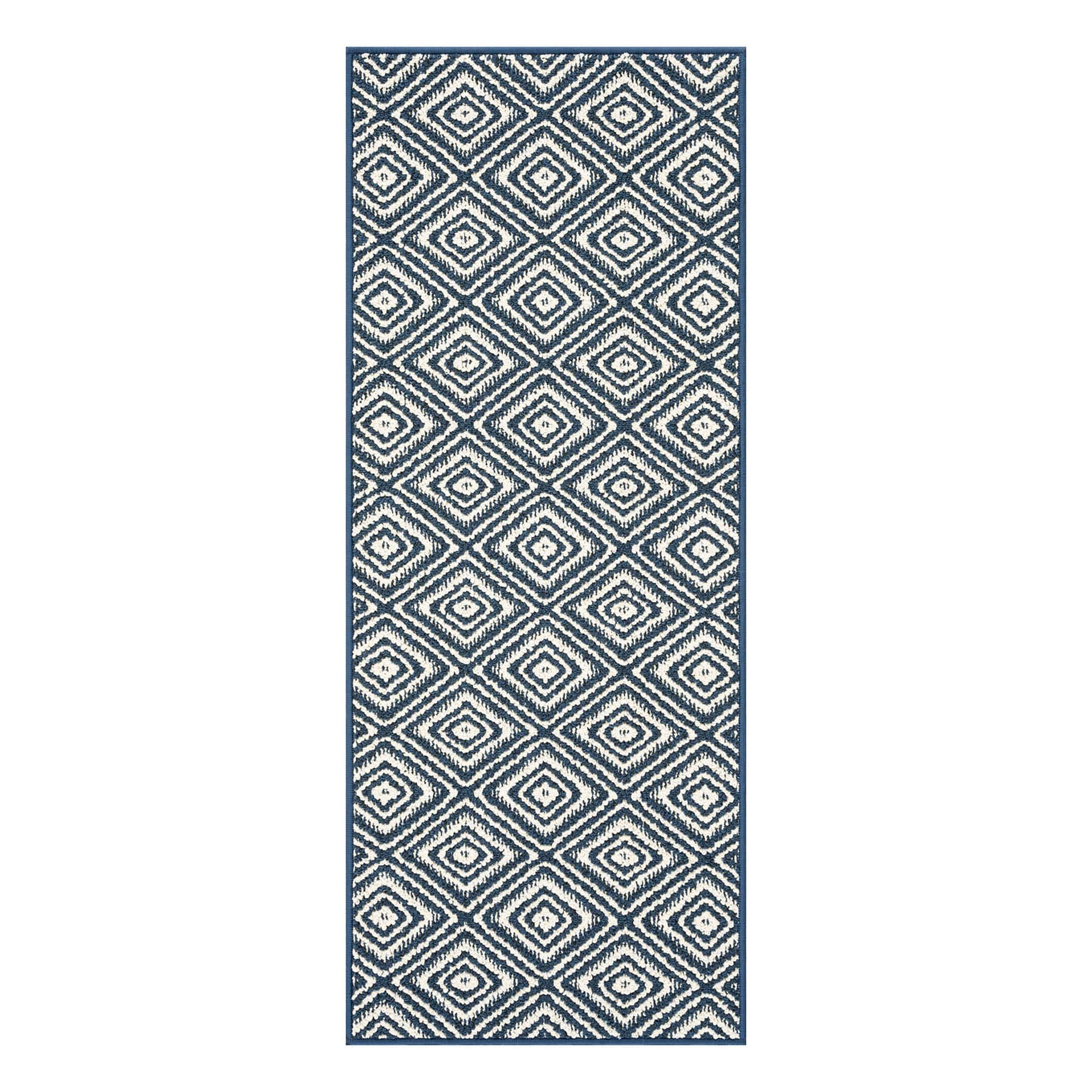 Tristen Navy Blue & Cream Diamond Design Washable Runner, 2x5