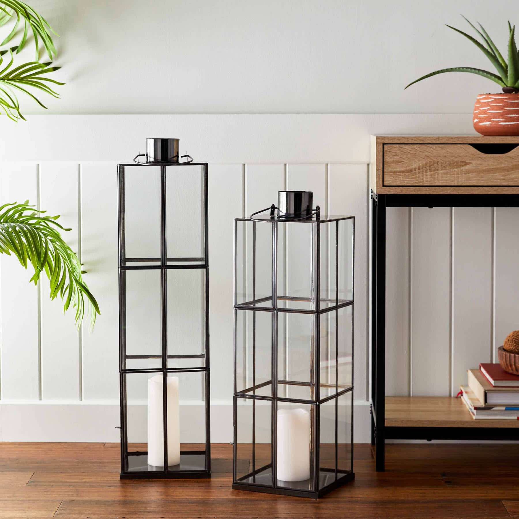 Black Metal Rectangle Cutout Oversized Lantern, 25"