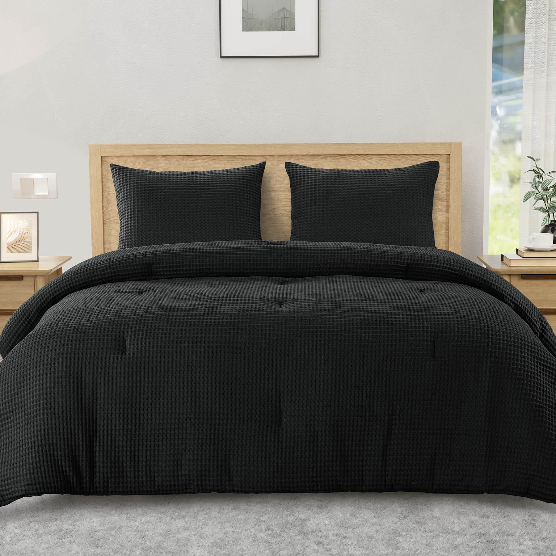 Crosby St. 3-Piece Black Waffle Cotton Comforter Set, Full/Queen