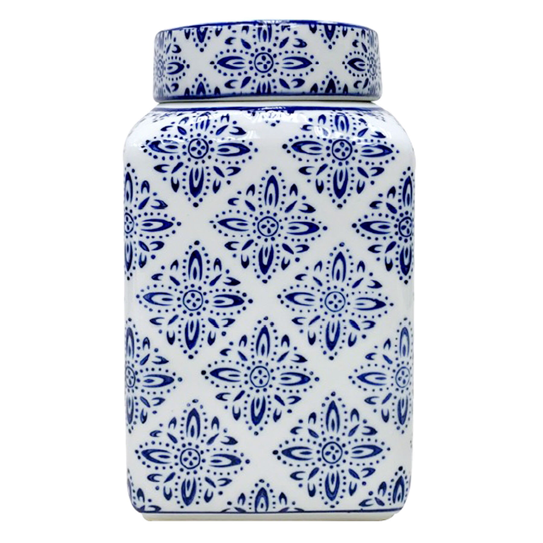 Blue Floral Ceramic Jar with Lid, 8"