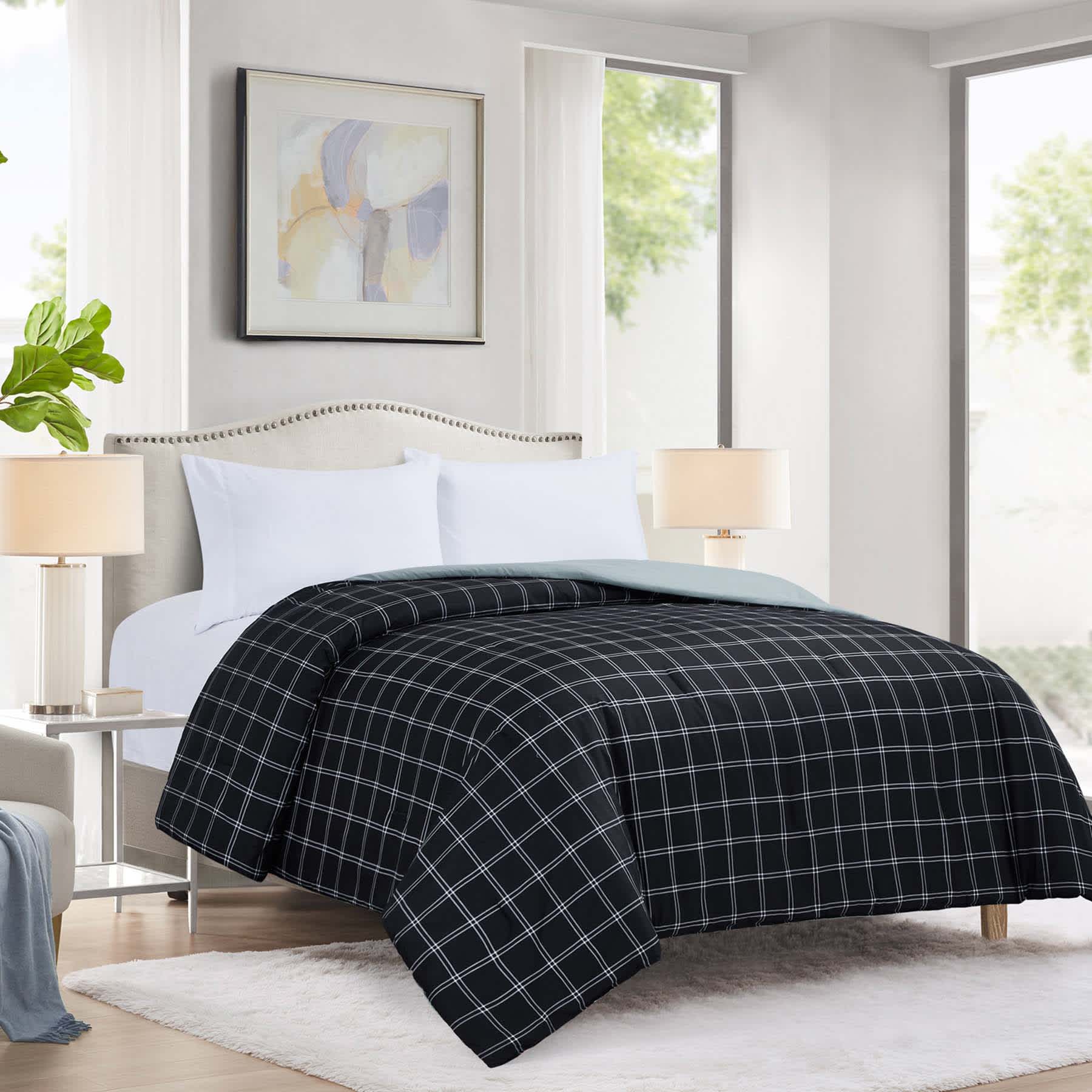 Black Windowpane Printed Microfiber Comforter, Full/Queen
